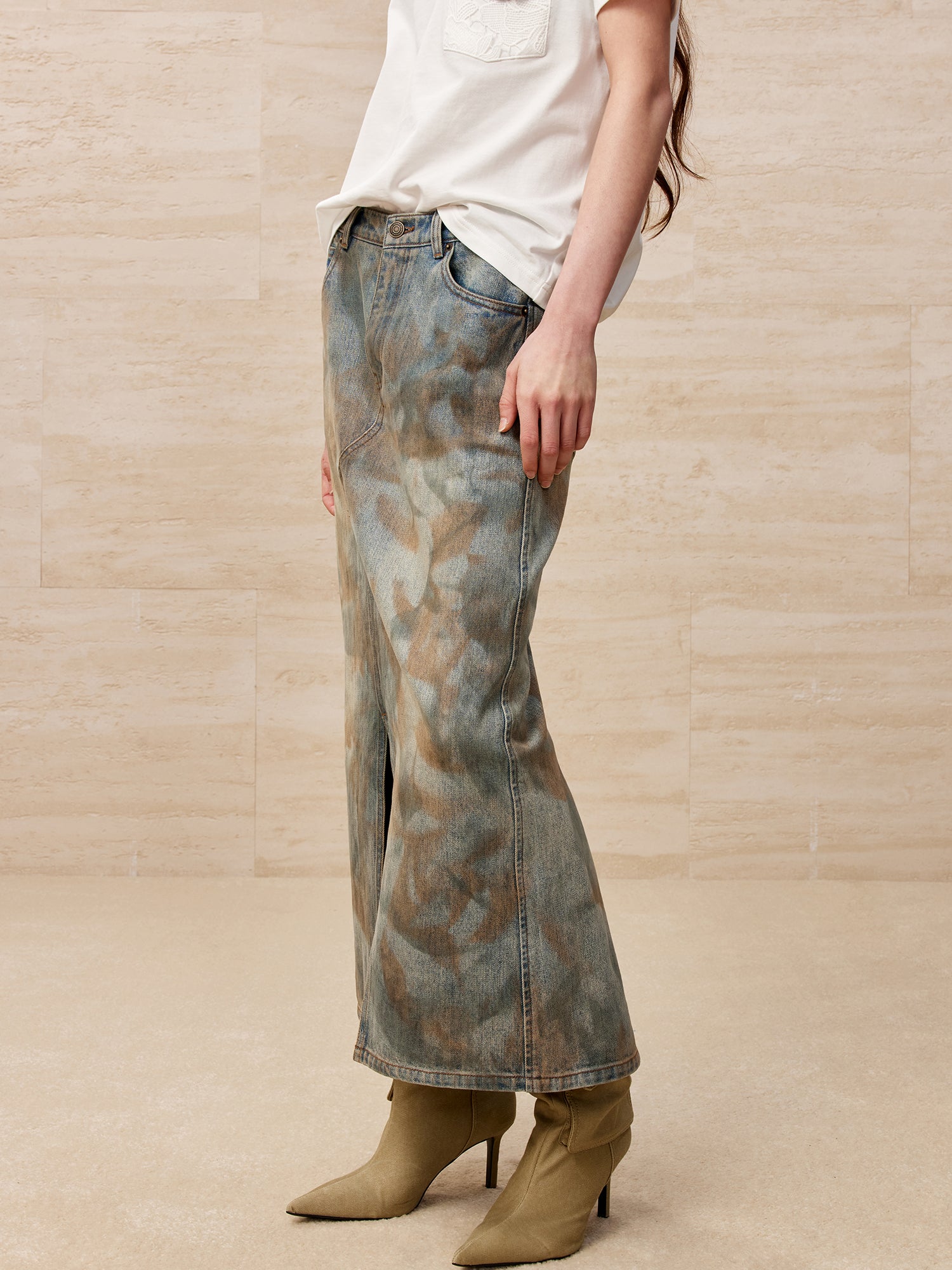 Deconstructed dirty washed denim long skirt