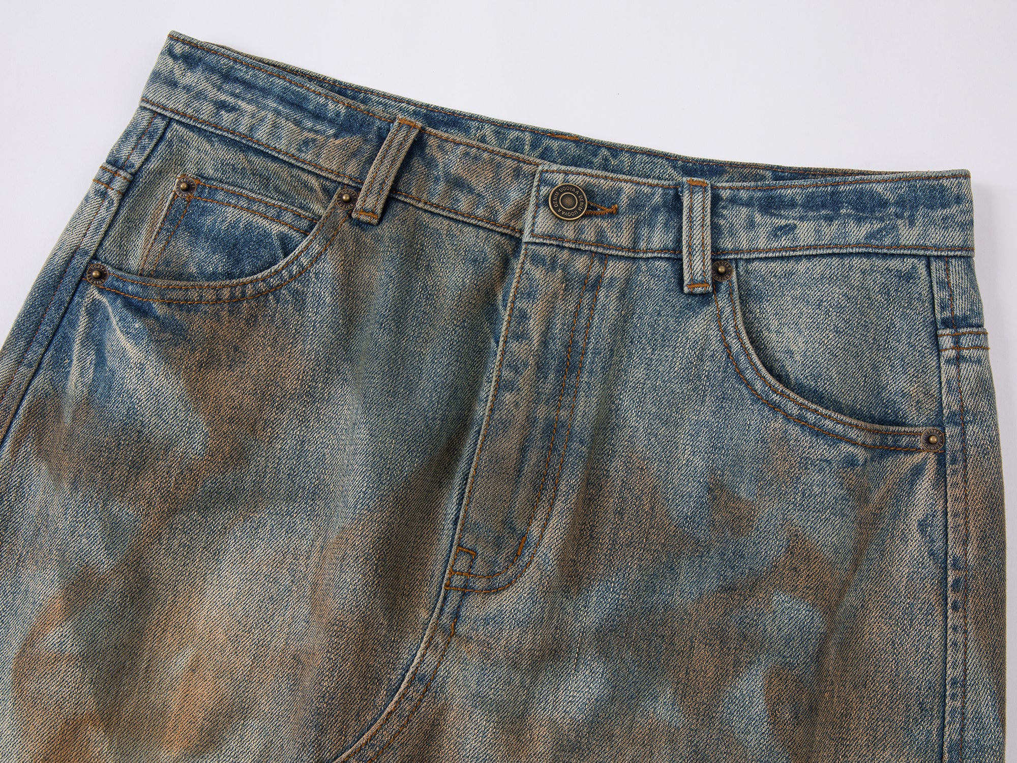 Deconstructed dirty washed denim long skirt