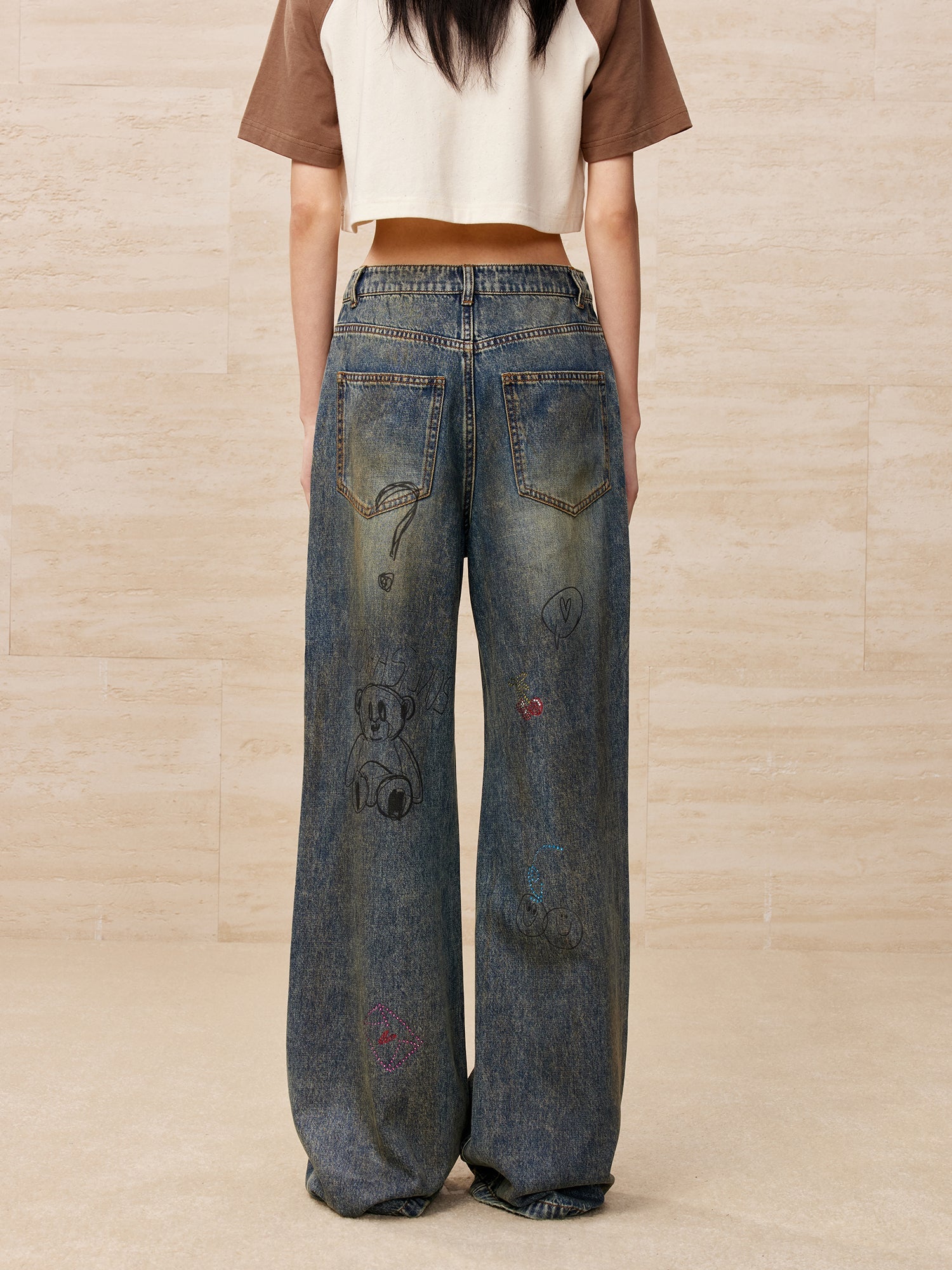 Colour pencil painting ripped wide-leg jeans