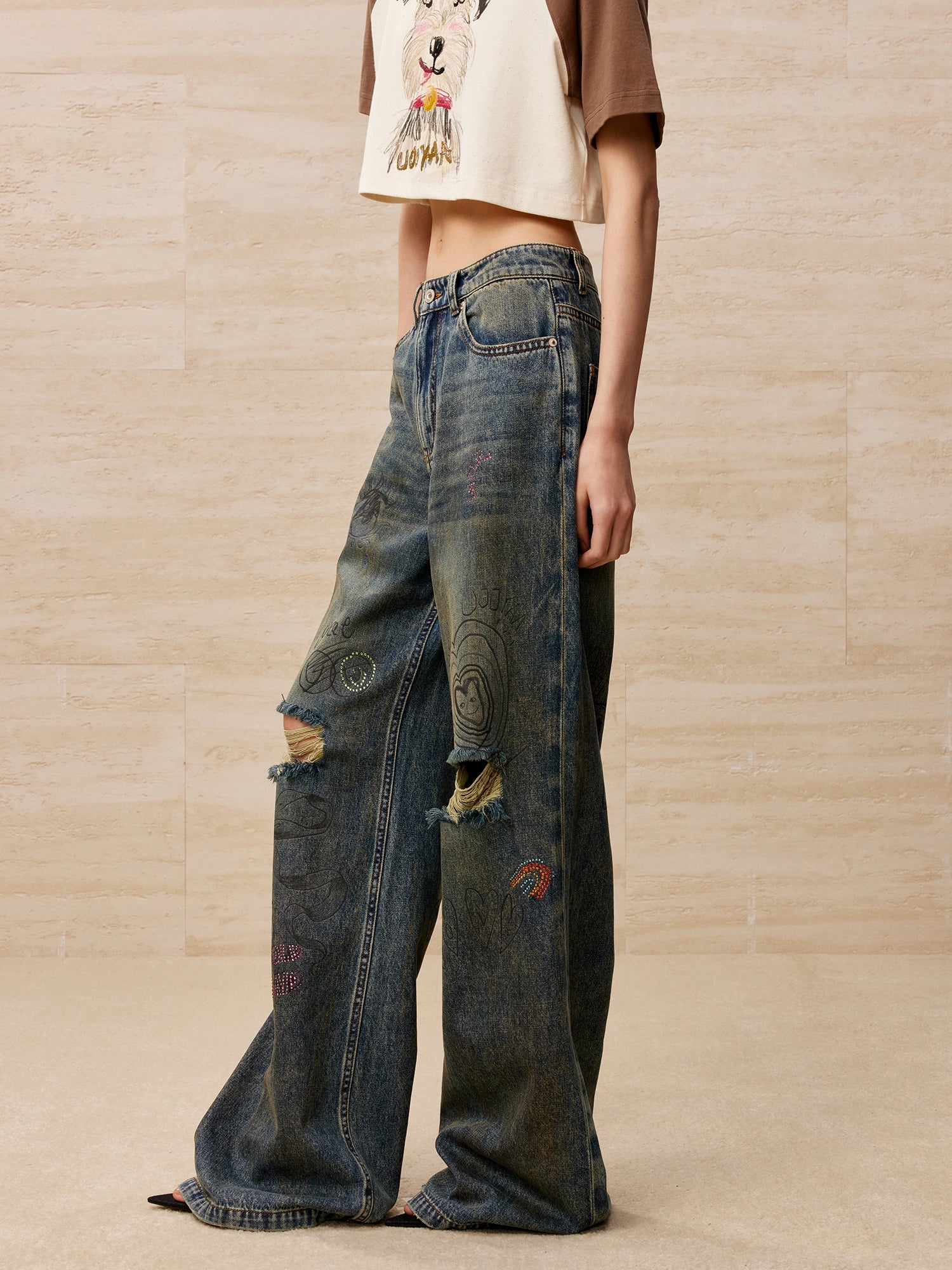 Colour pencil painting ripped wide-leg jeans