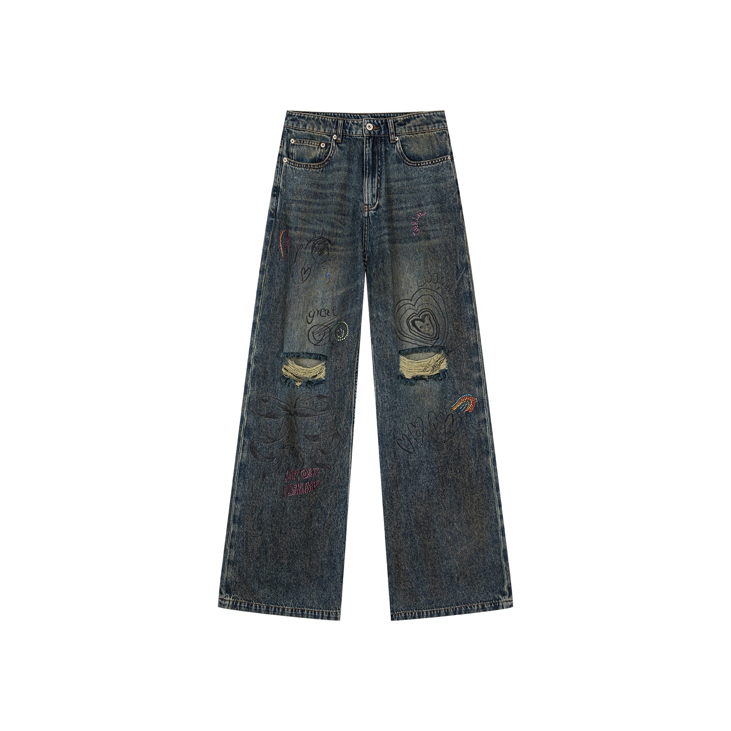 色鉛筆で描いた破れたワイドレッグジーンズ