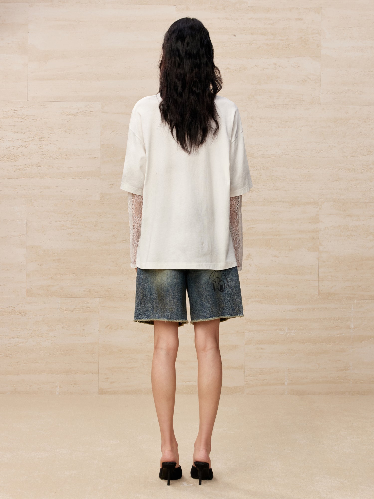 Colour pencil painting raw edge wide-leg shorts