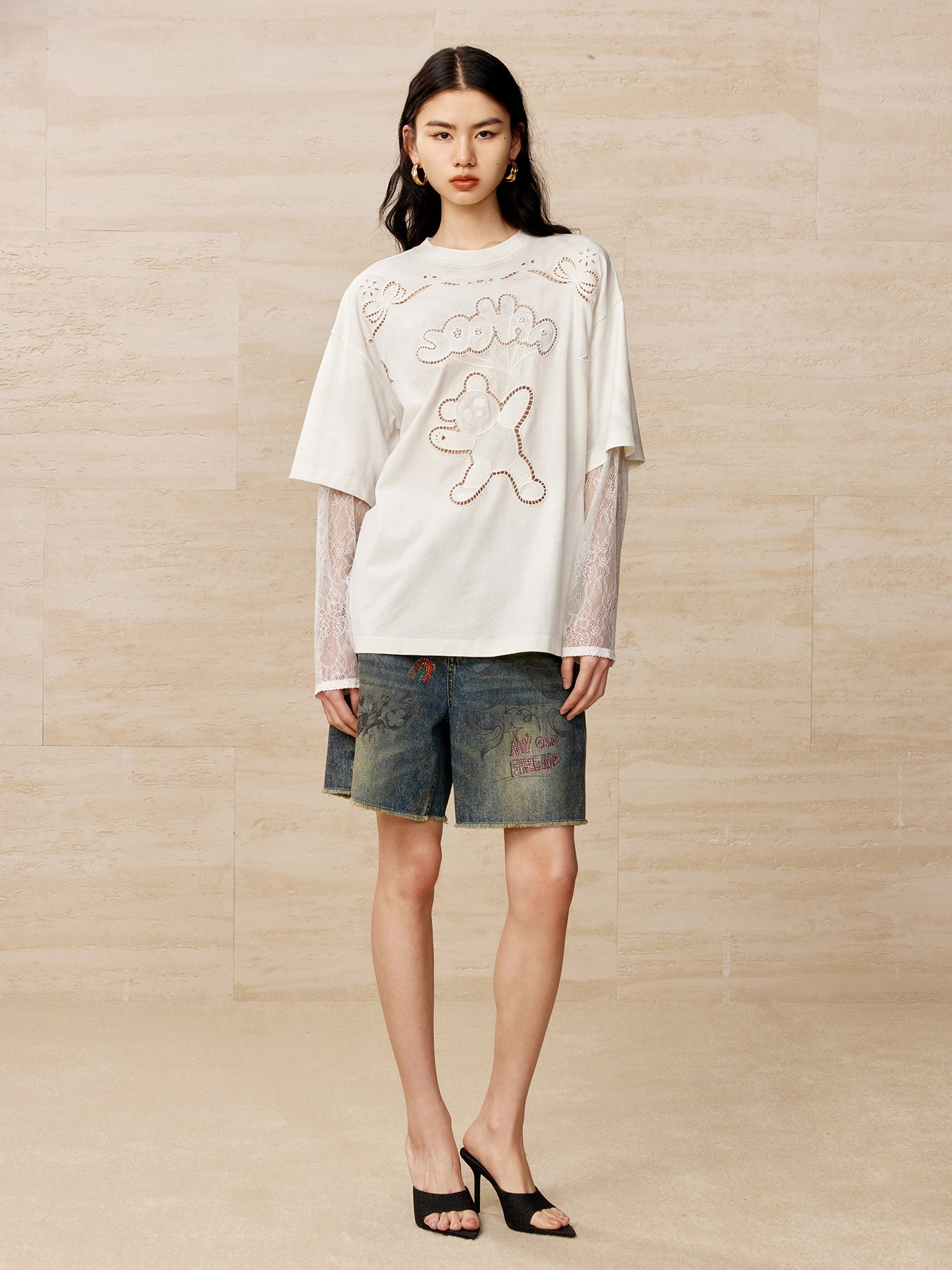 Colour pencil painting raw edge wide-leg shorts