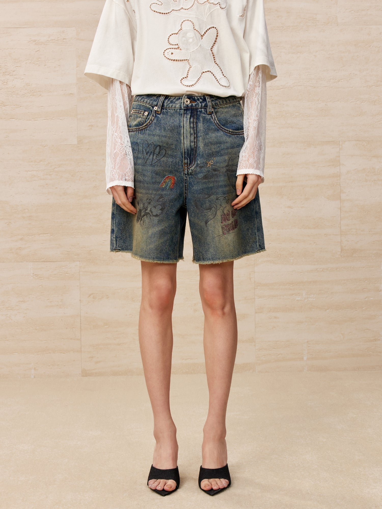 Colour pencil painting raw edge wide-leg shorts