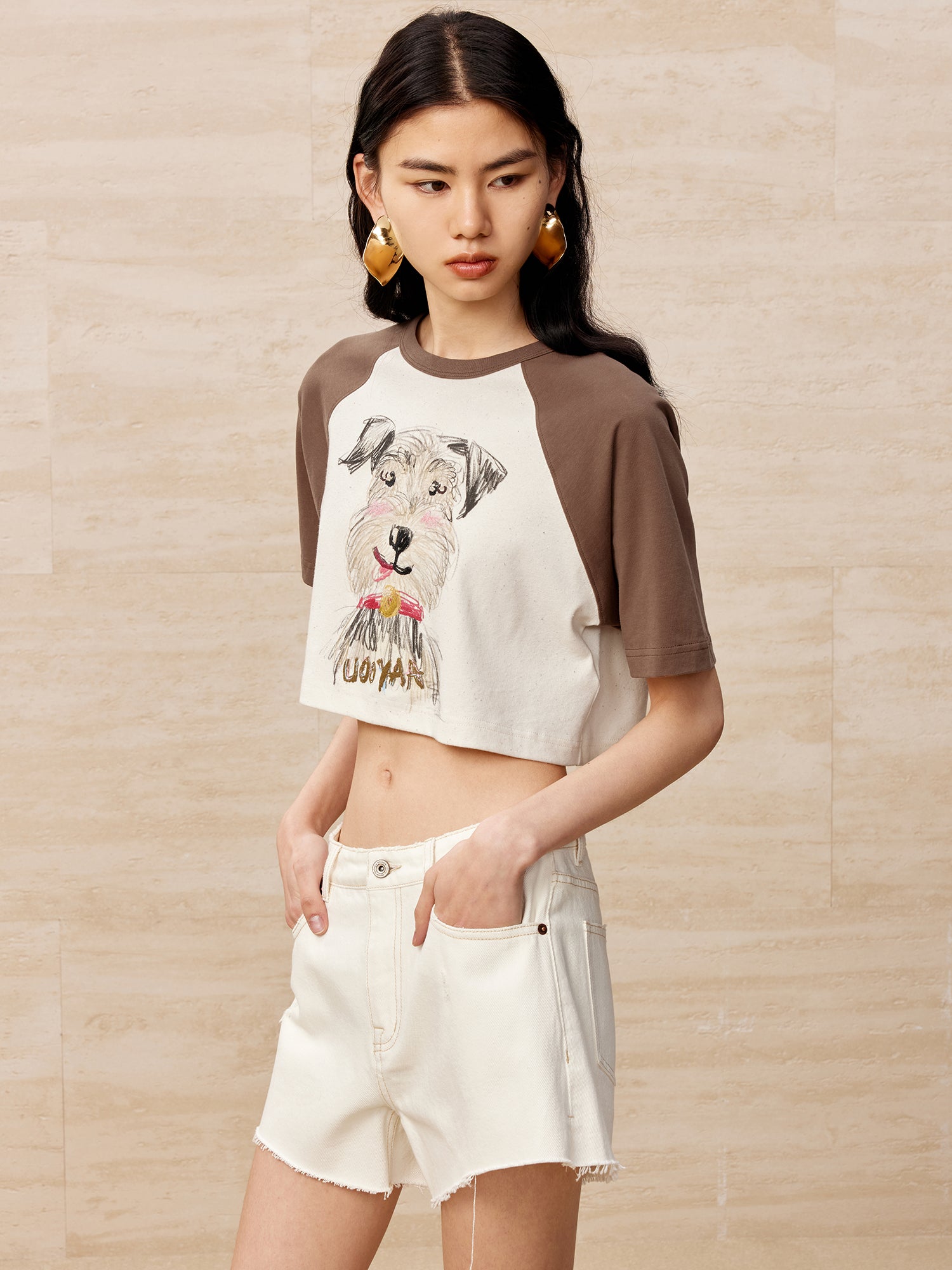 Printed puppy painting cropped t-shirt