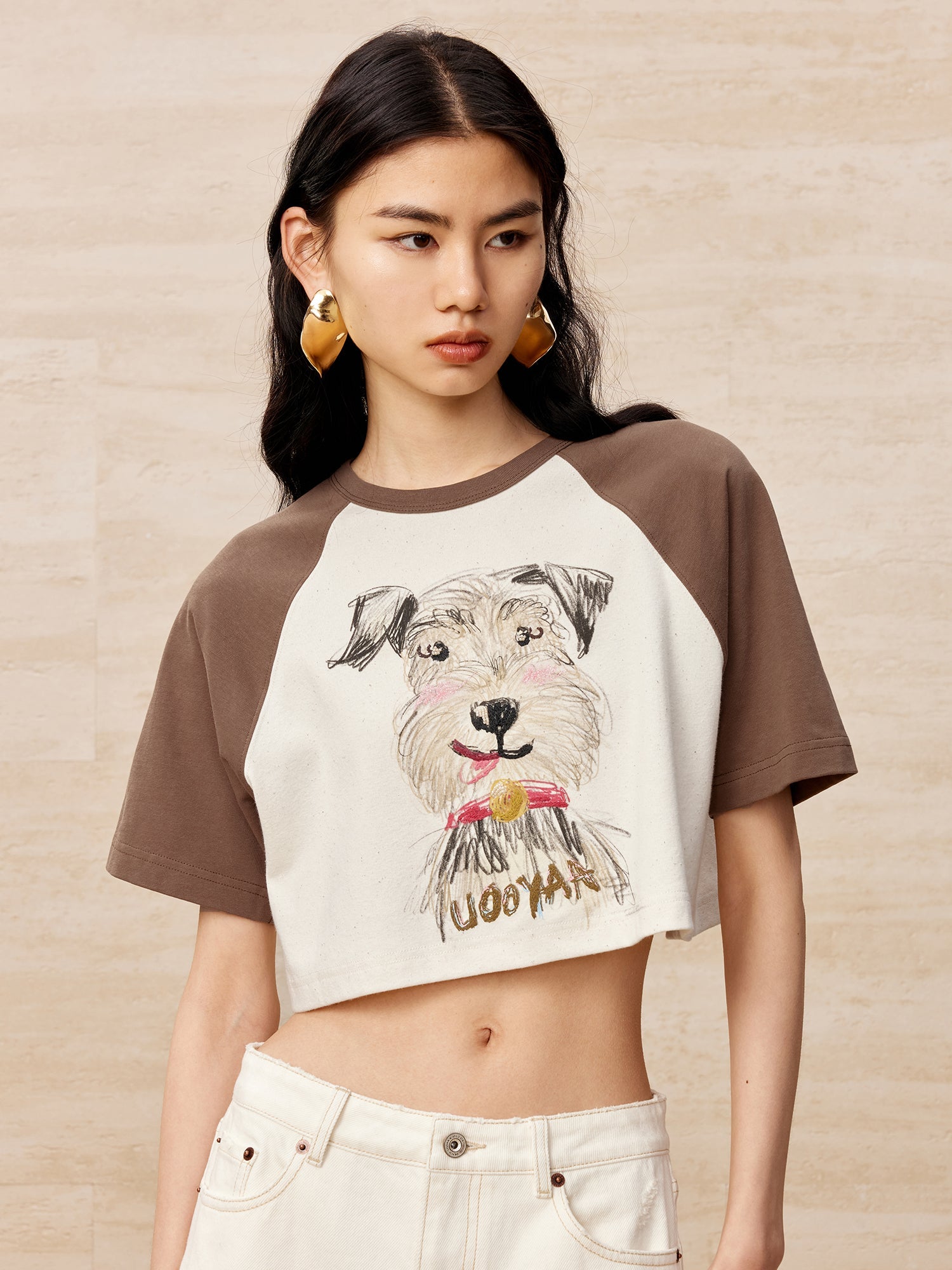 Printed puppy painting cropped t-shirt