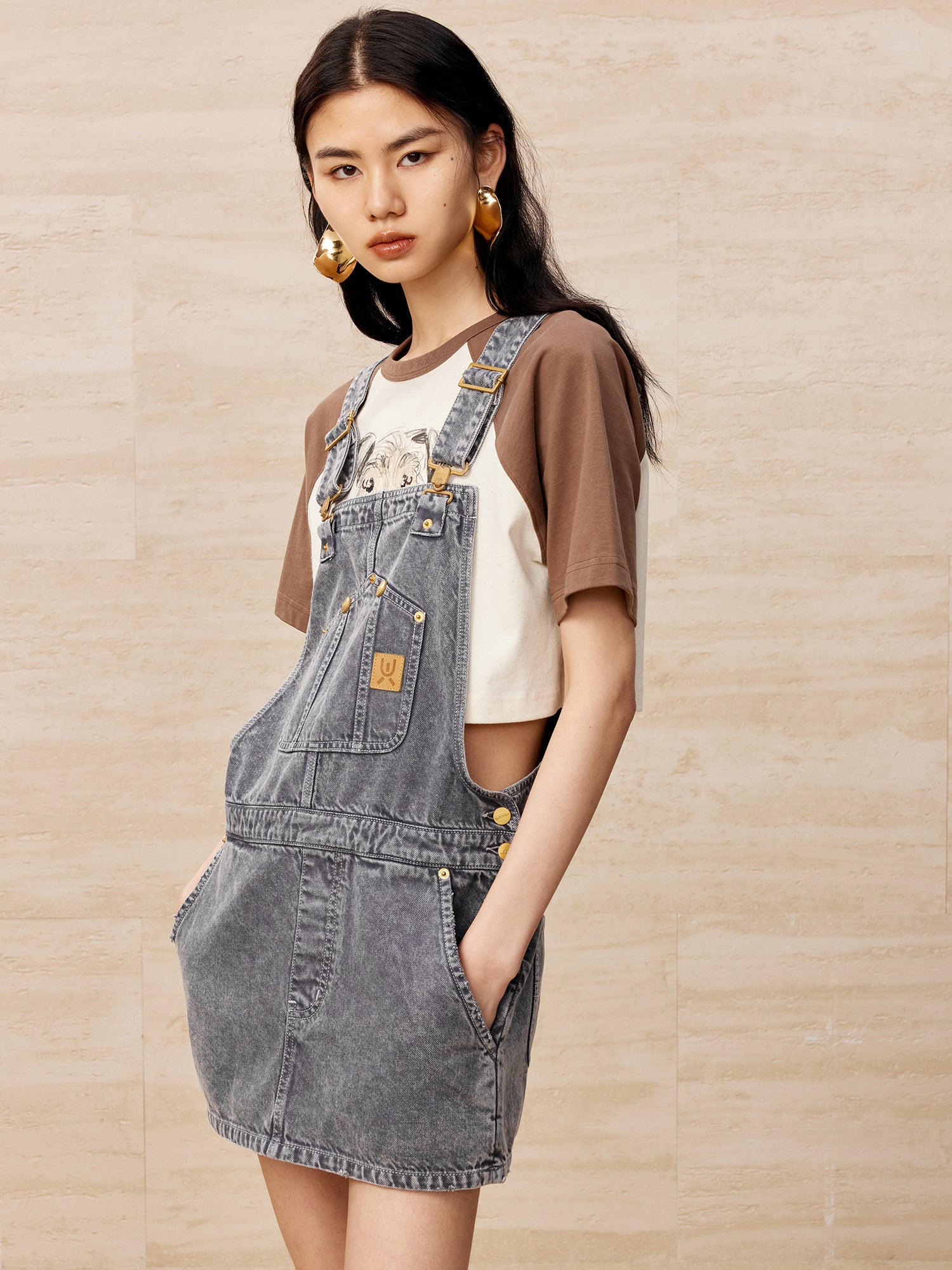 Washed denim overall short dress