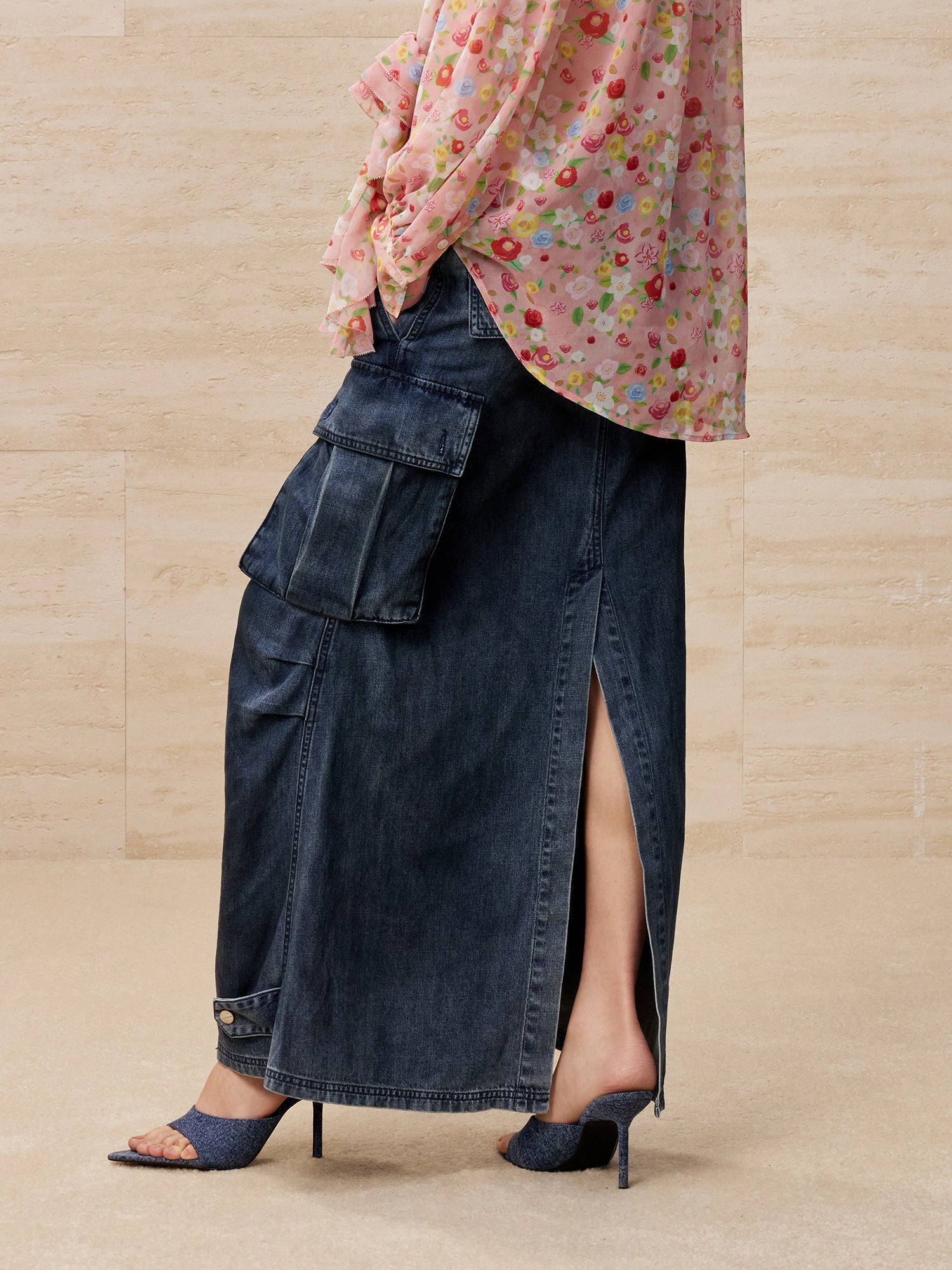 Cargo denim maxi skirt