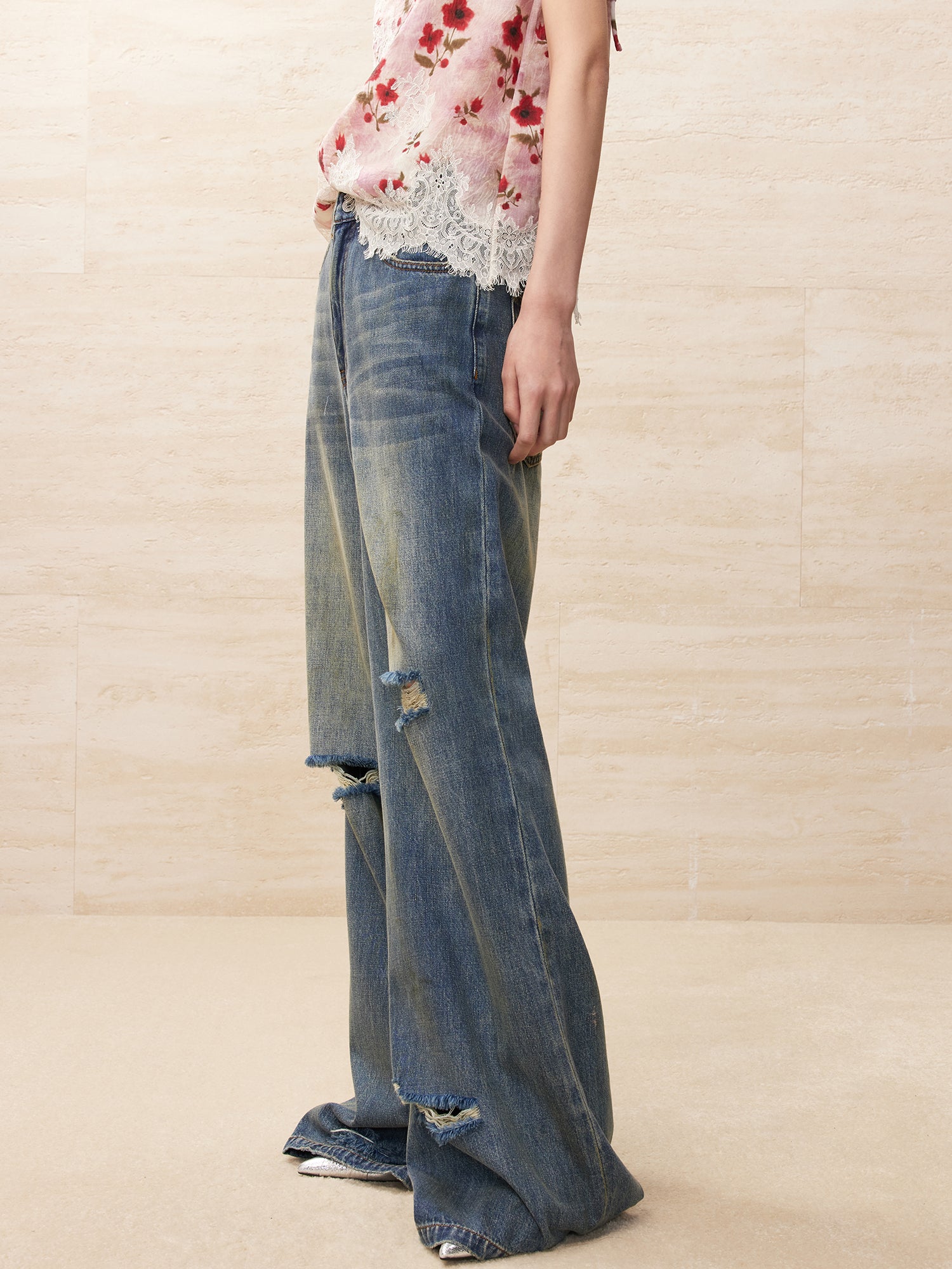 Ripped wide leg jeans