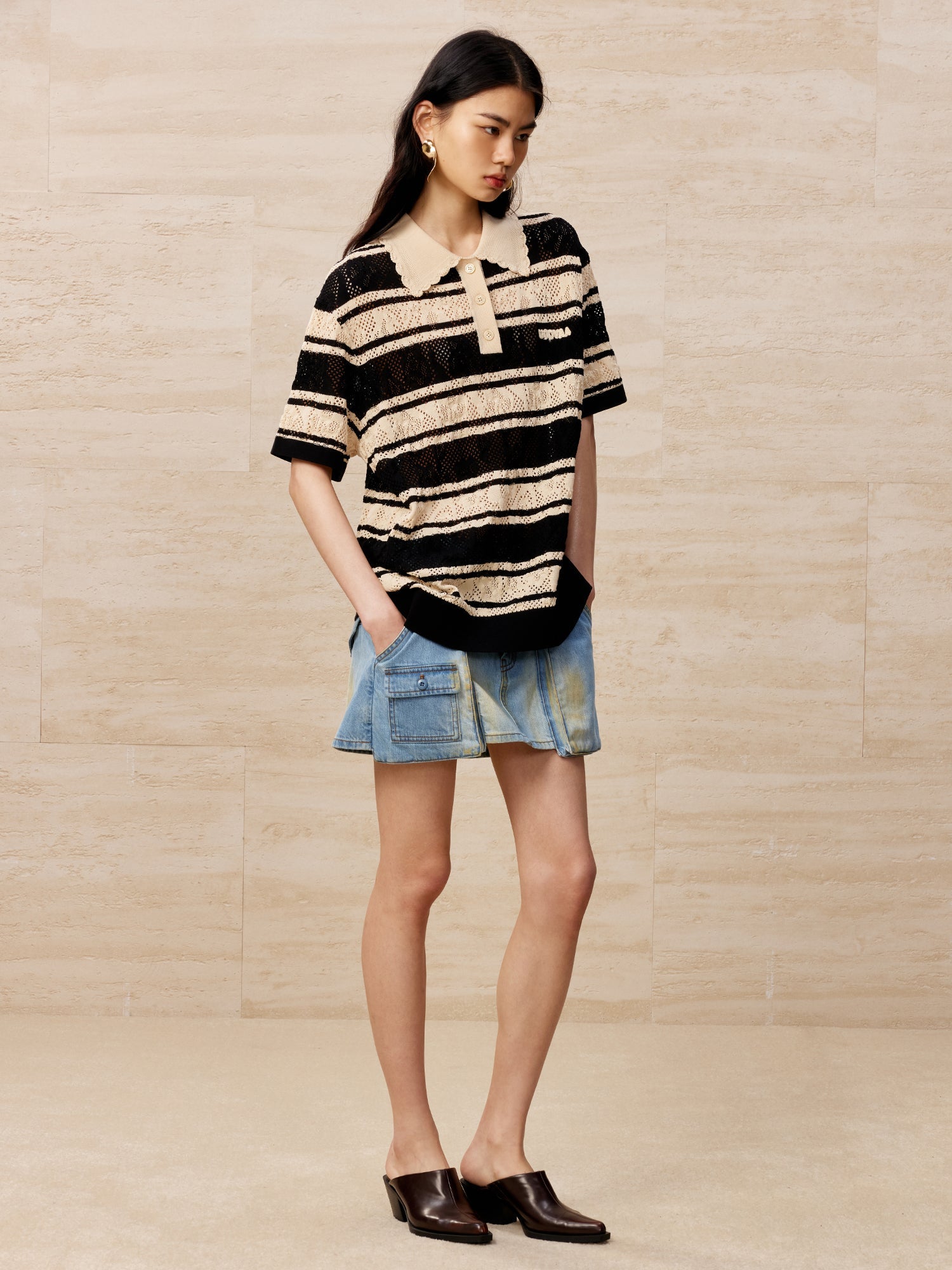 Washed denim A-line short skirt