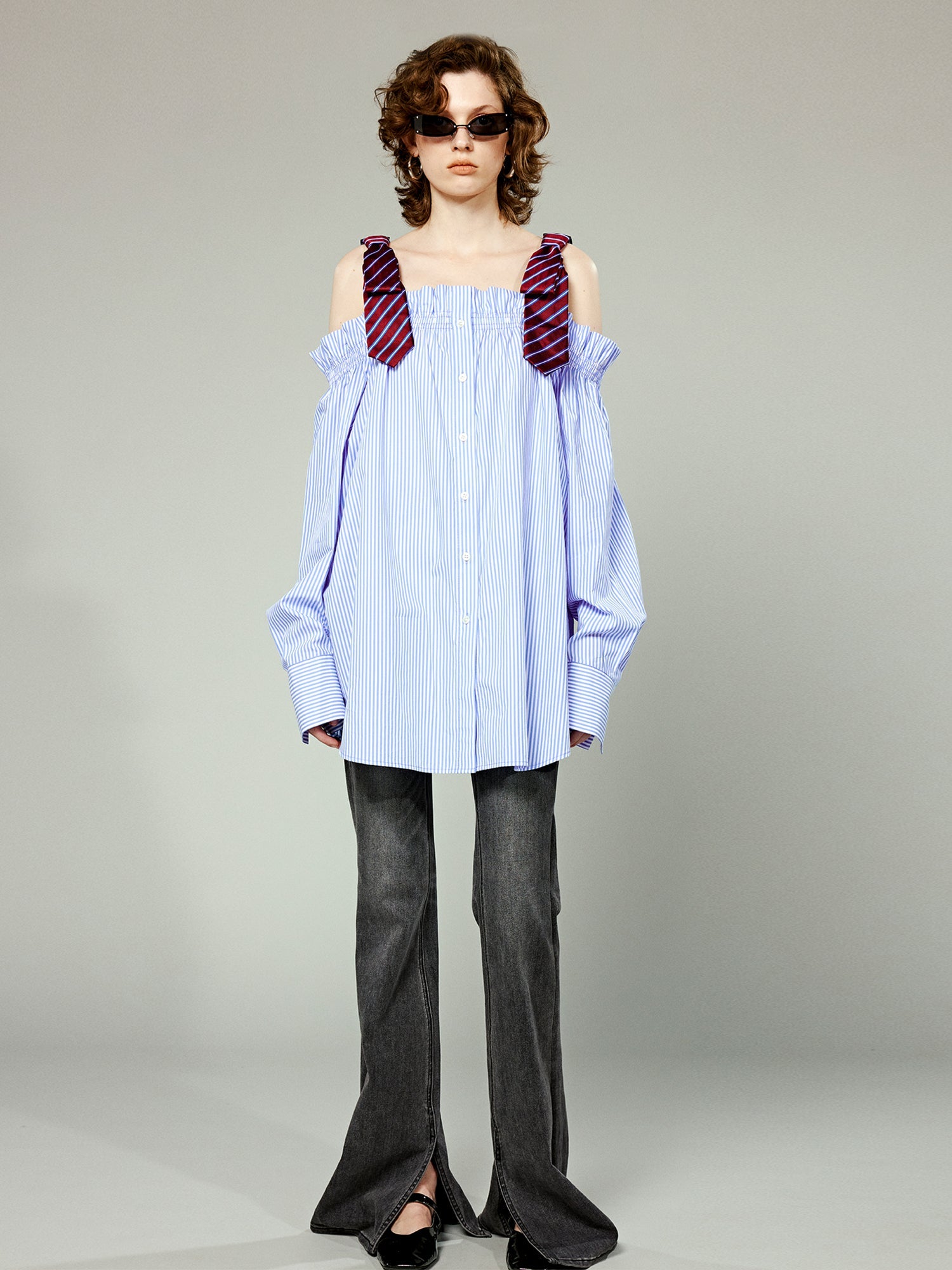 Pinstriped off-shoulder top with mens bow-tie straps