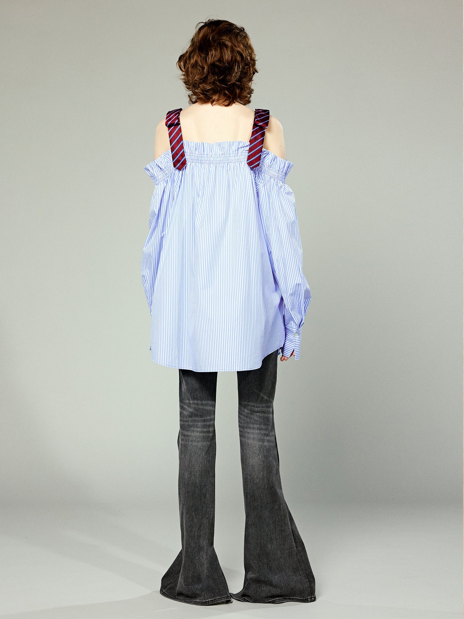 Pinstriped off-shoulder top with mens bow-tie straps