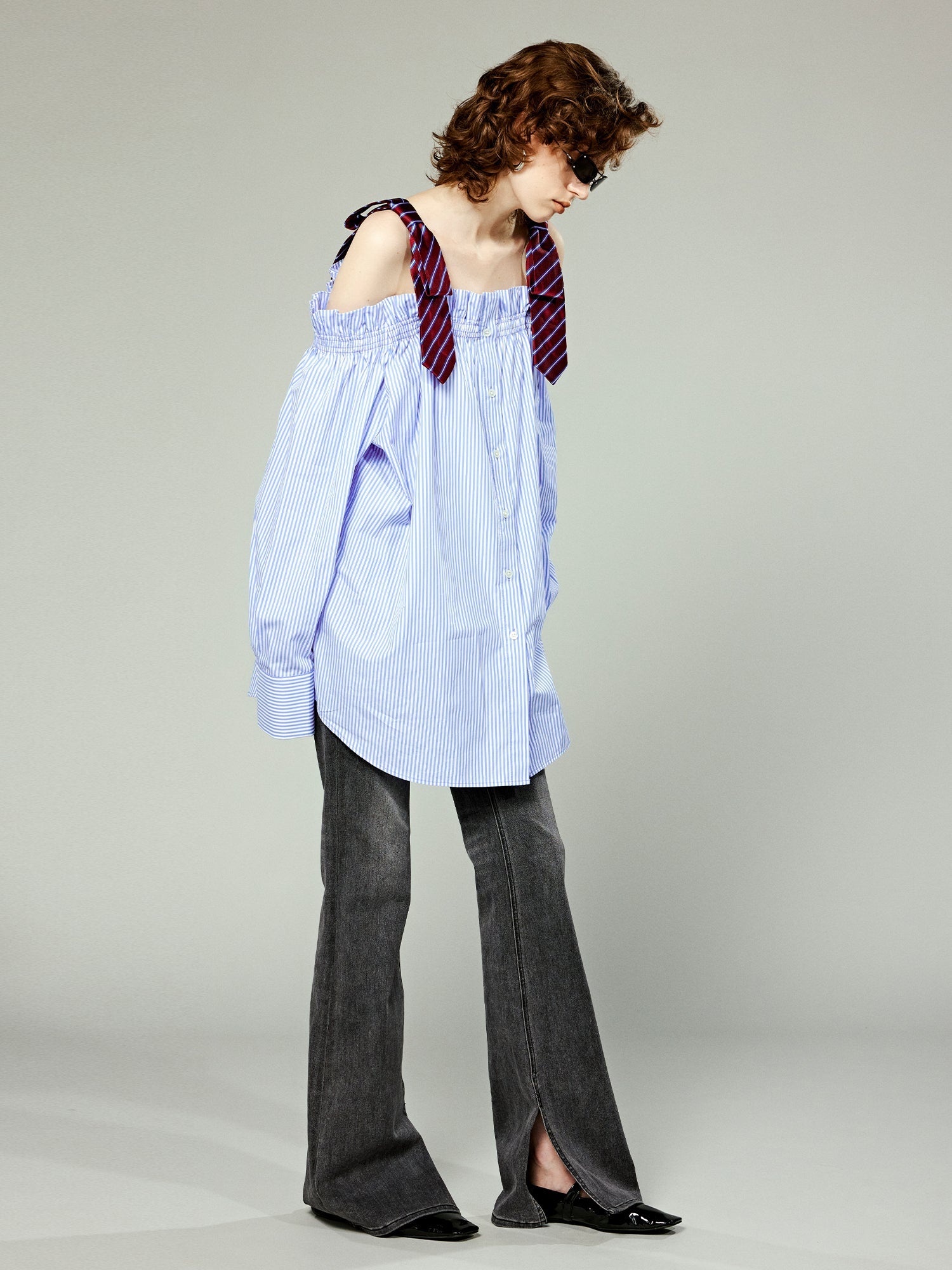 Pinstriped off-shoulder top with mens bow-tie straps