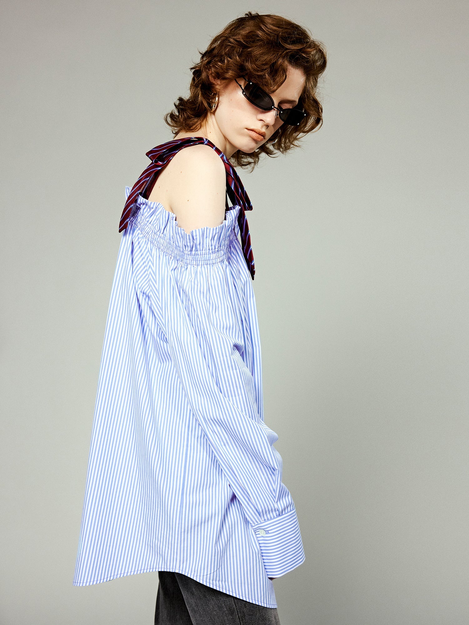 Pinstriped off-shoulder top with mens bow-tie straps