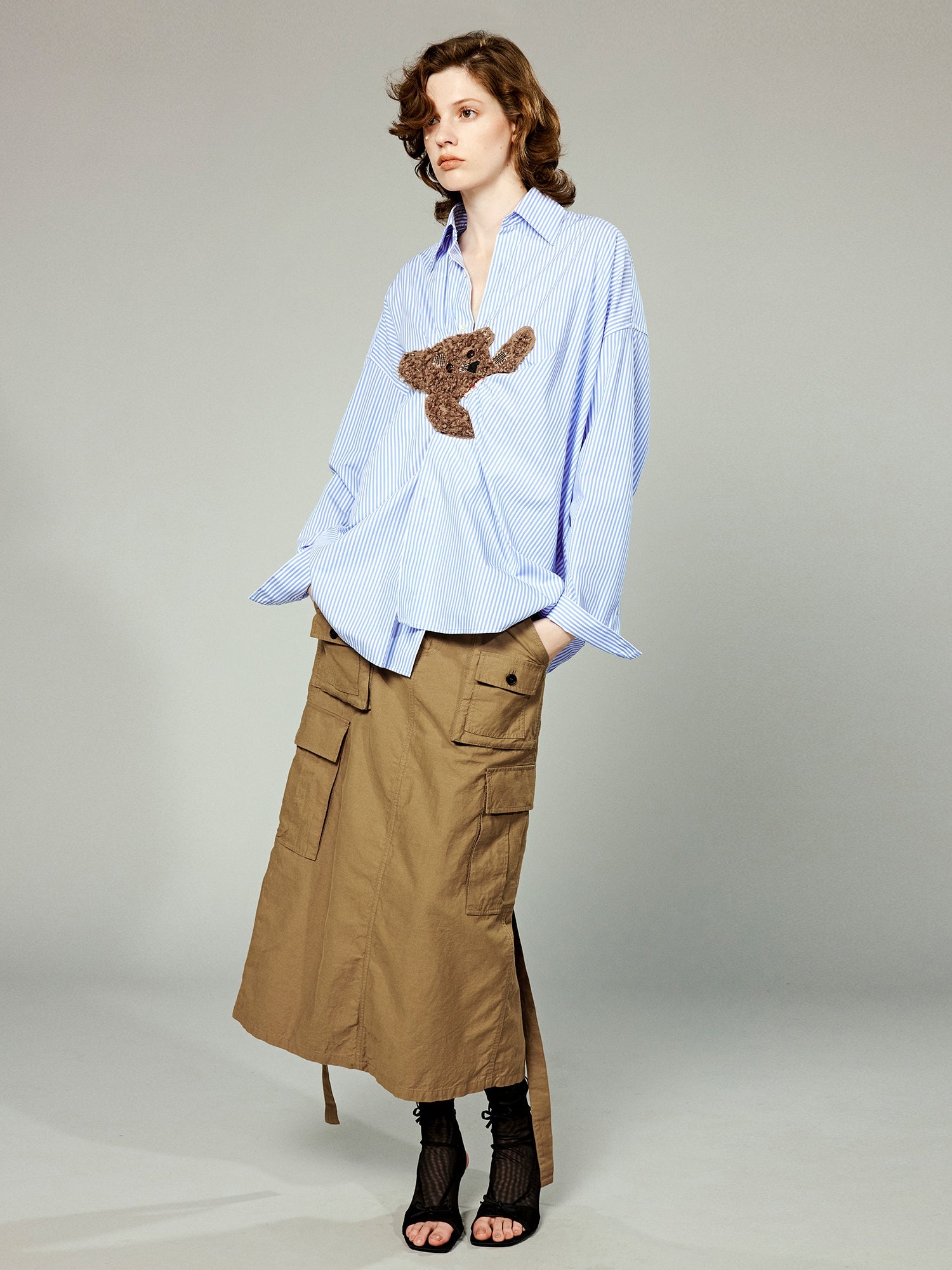 Playful teddy bear pinstriped shirt