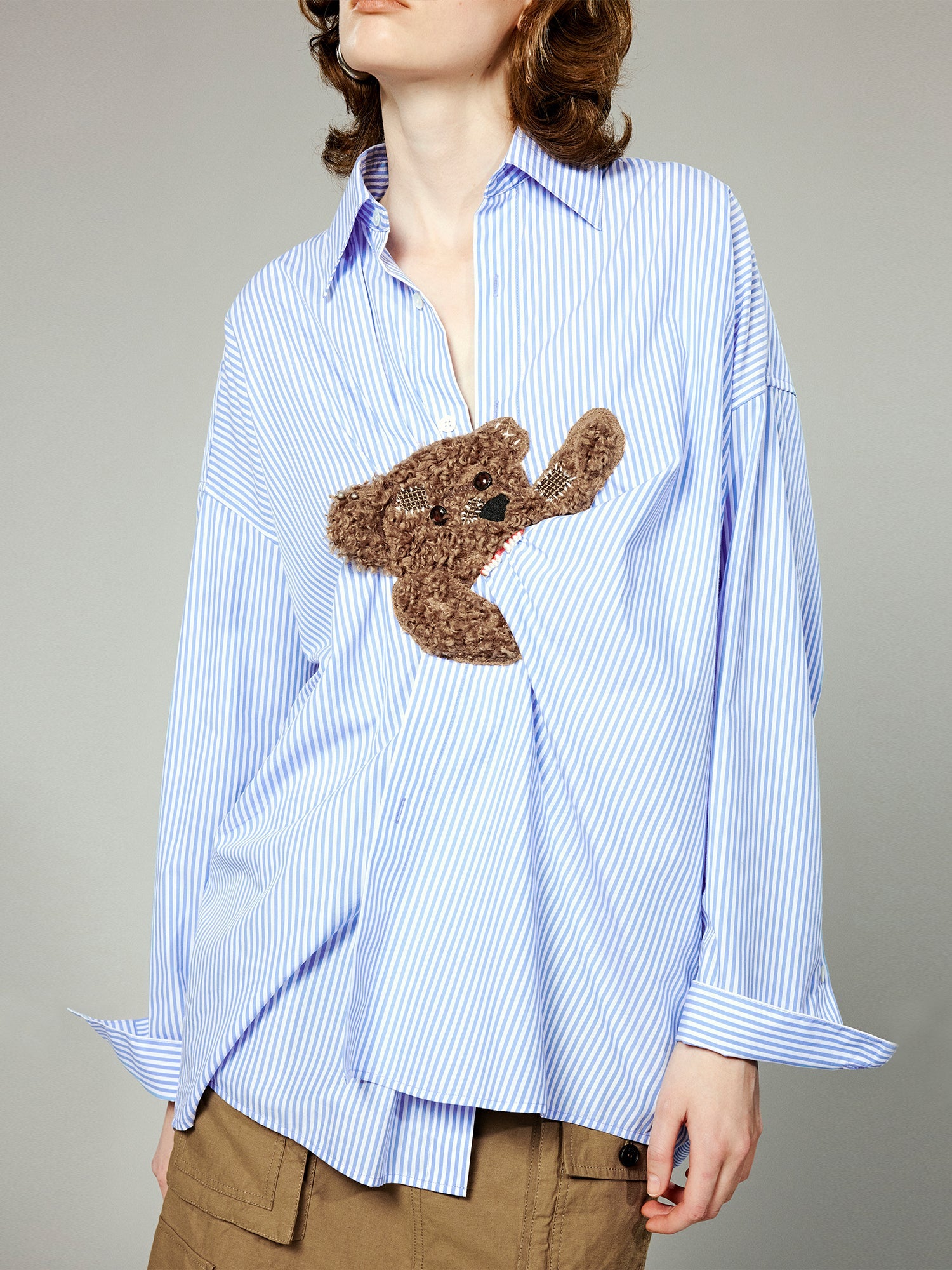 Playful teddy bear pinstriped shirt