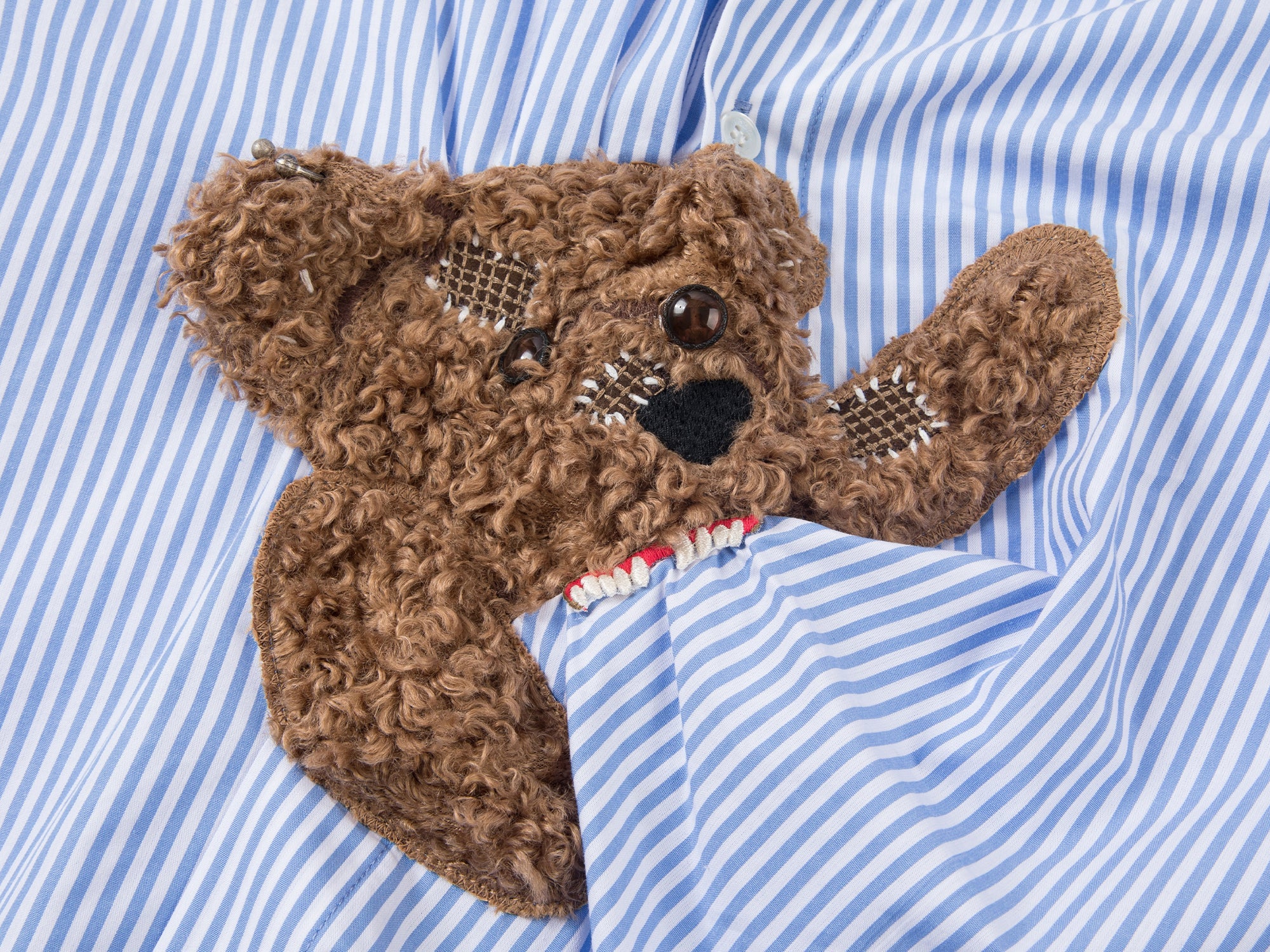 Playful teddy bear pinstriped shirt
