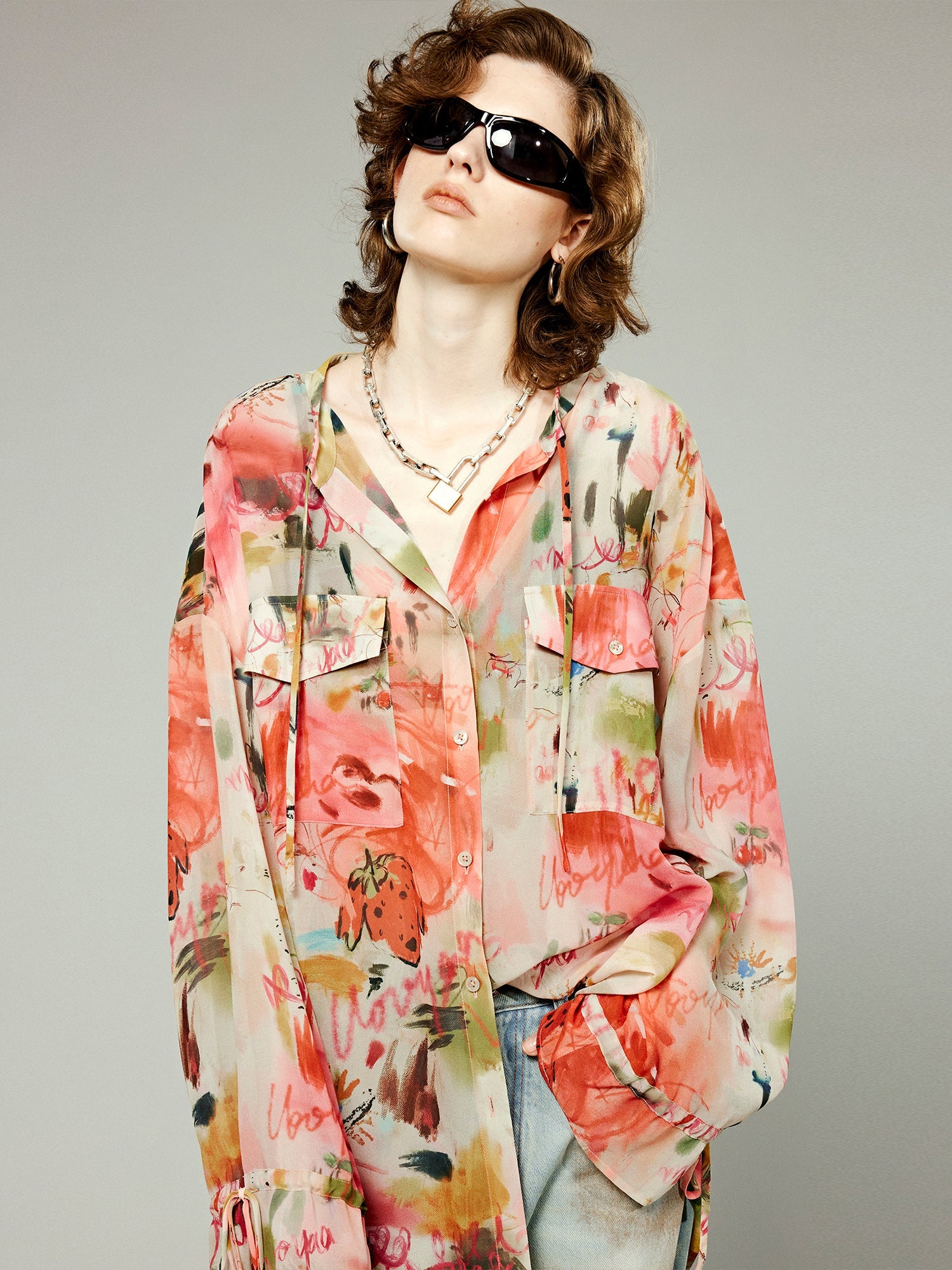 Bold artistic graffiti stand collar tie shirt