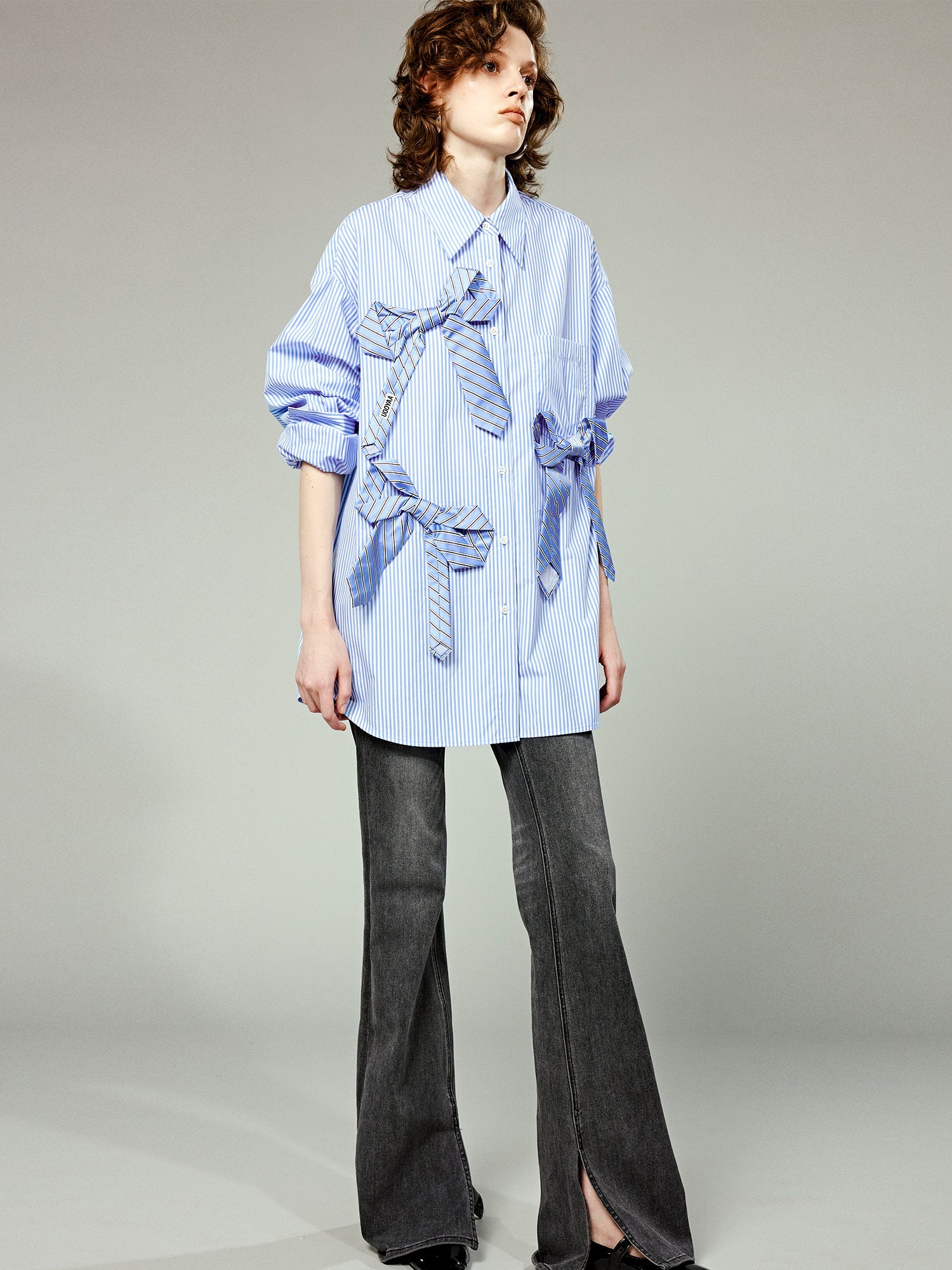 Tie Bowknot Pinstriped Shirt