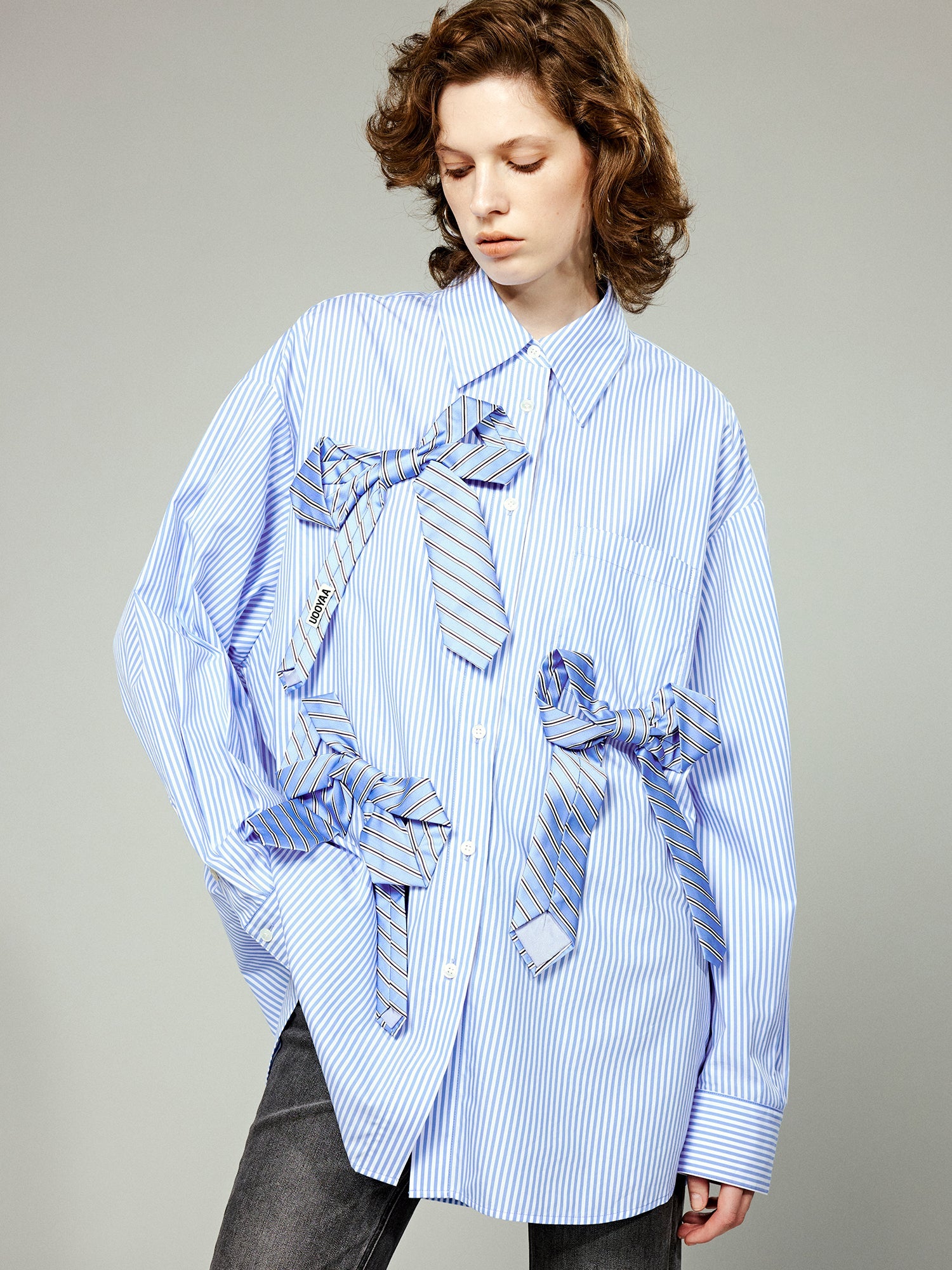 Tie Bowknot Pinstriped Shirt