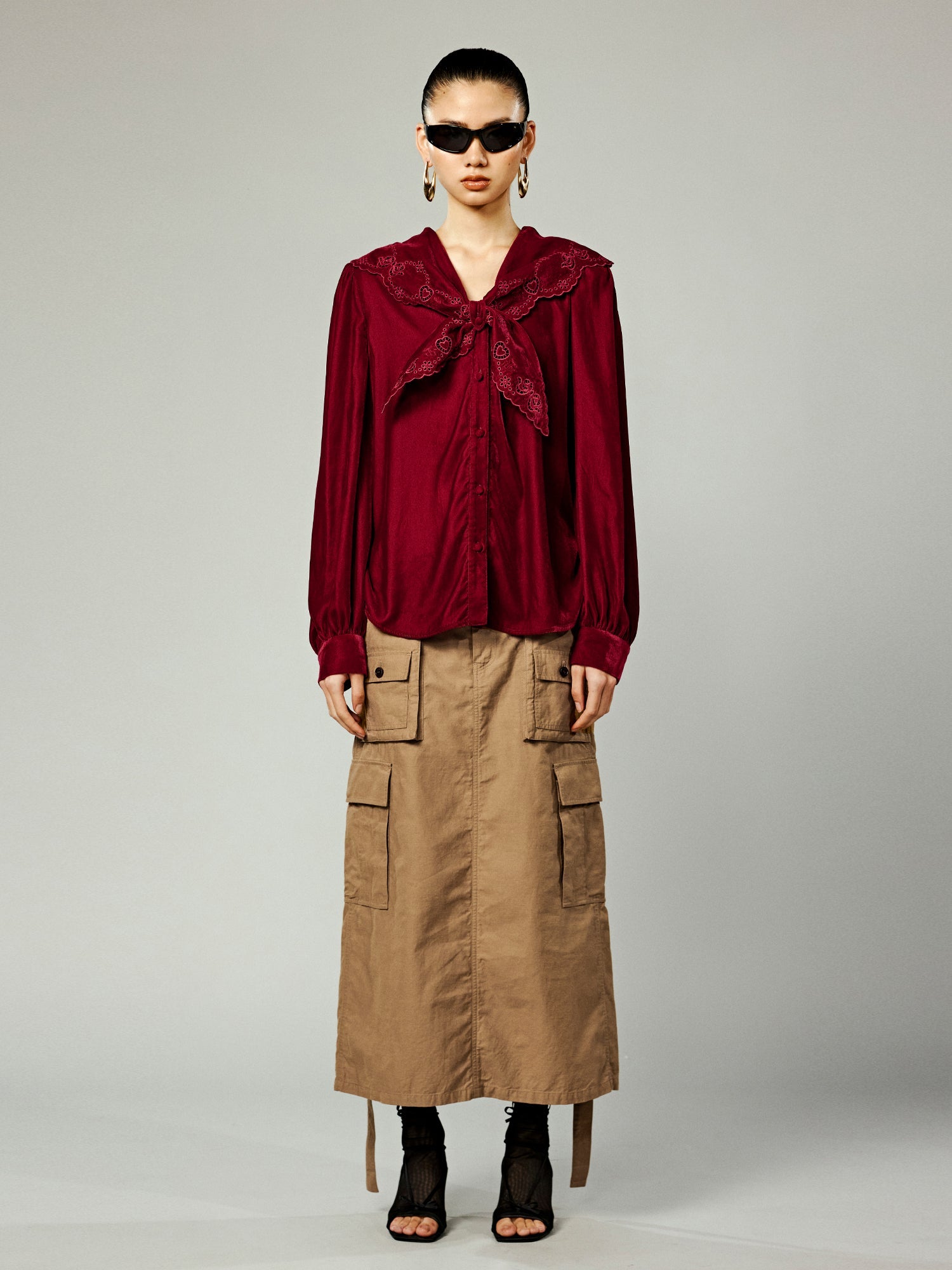 Burgundy velvet sailor collar shirt