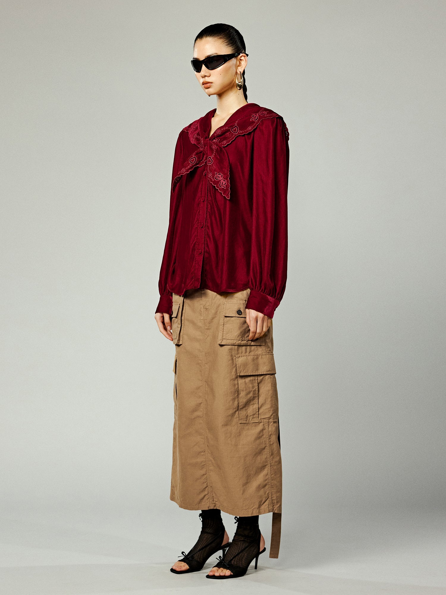 Burgundy velvet sailor collar shirt