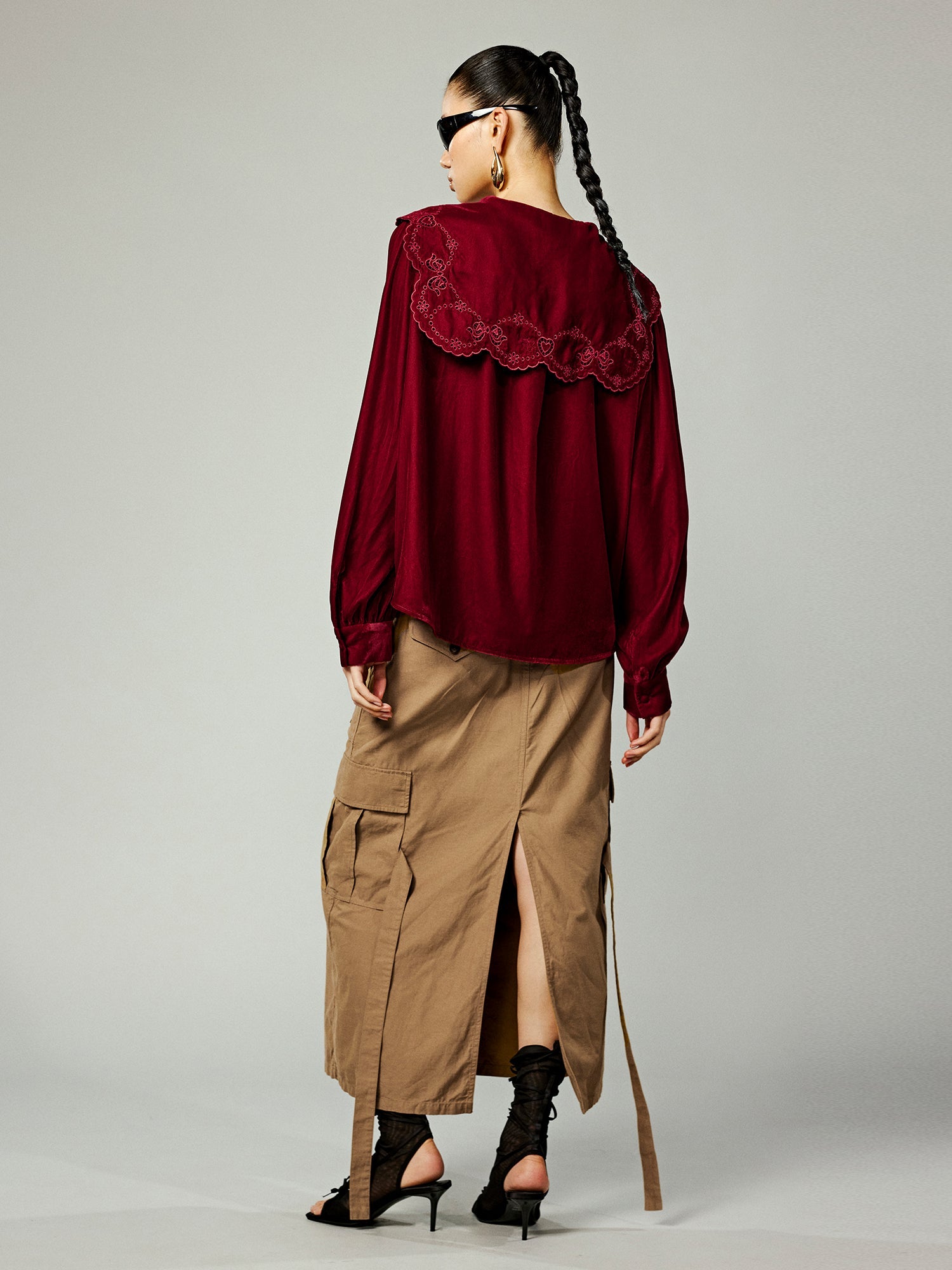 Burgundy velvet sailor collar shirt