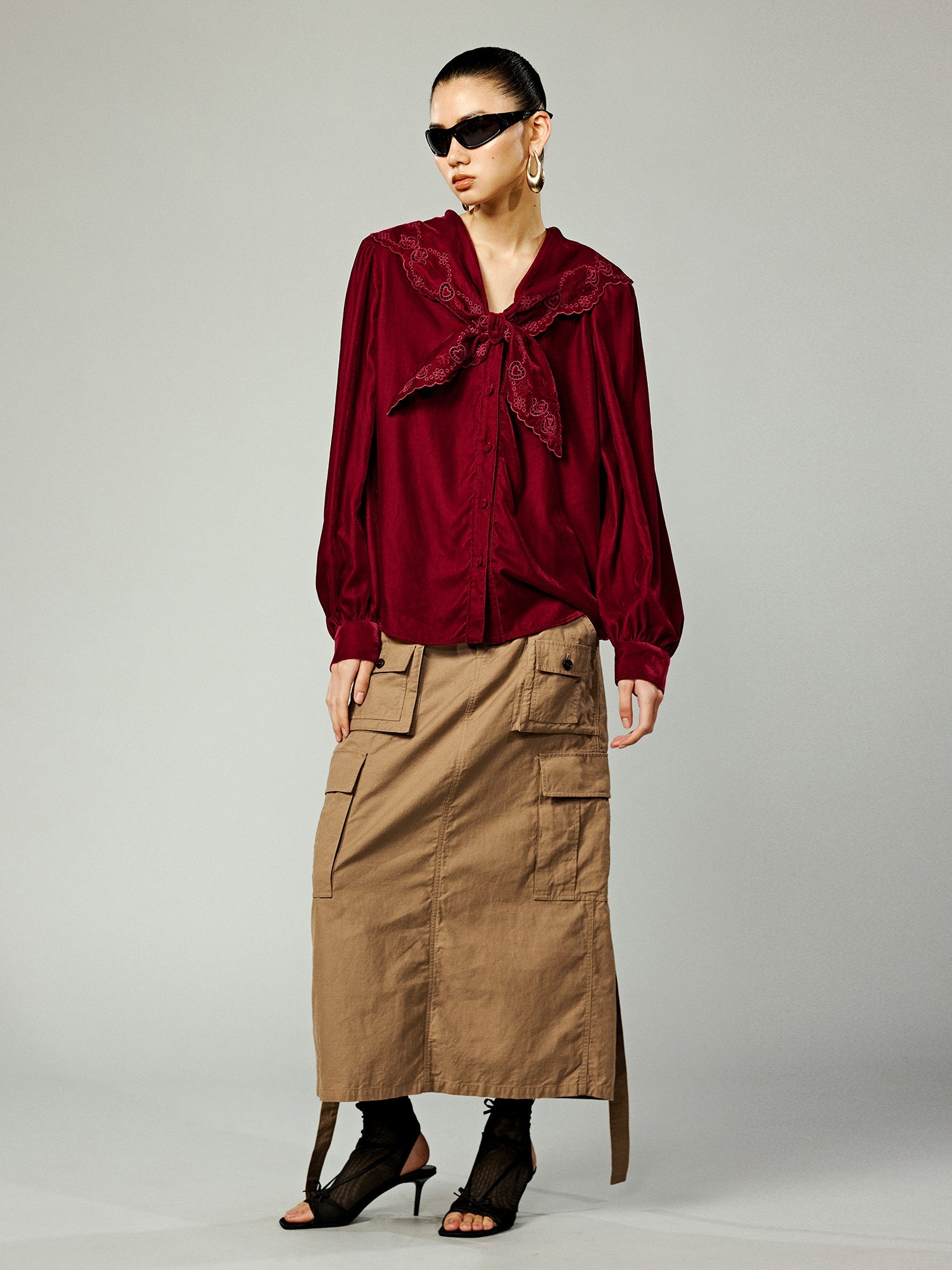 Burgundy velvet sailor collar shirt