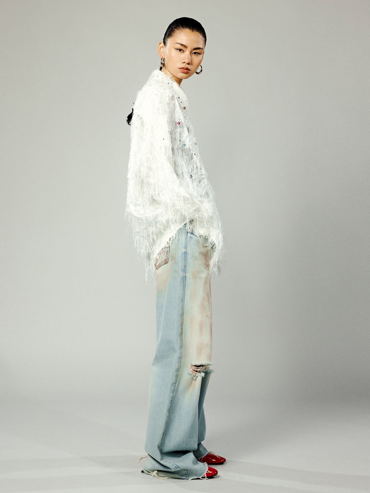 Playful sticker cutout fringe shirt jacket