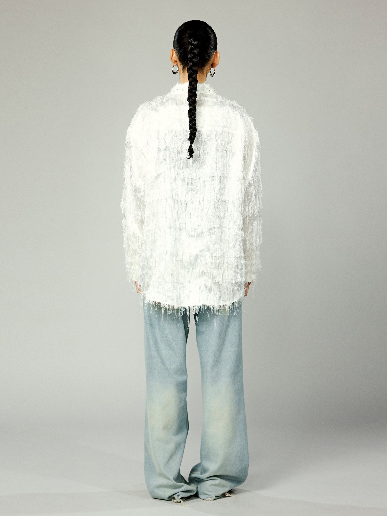 Playful sticker cutout fringe shirt jacket