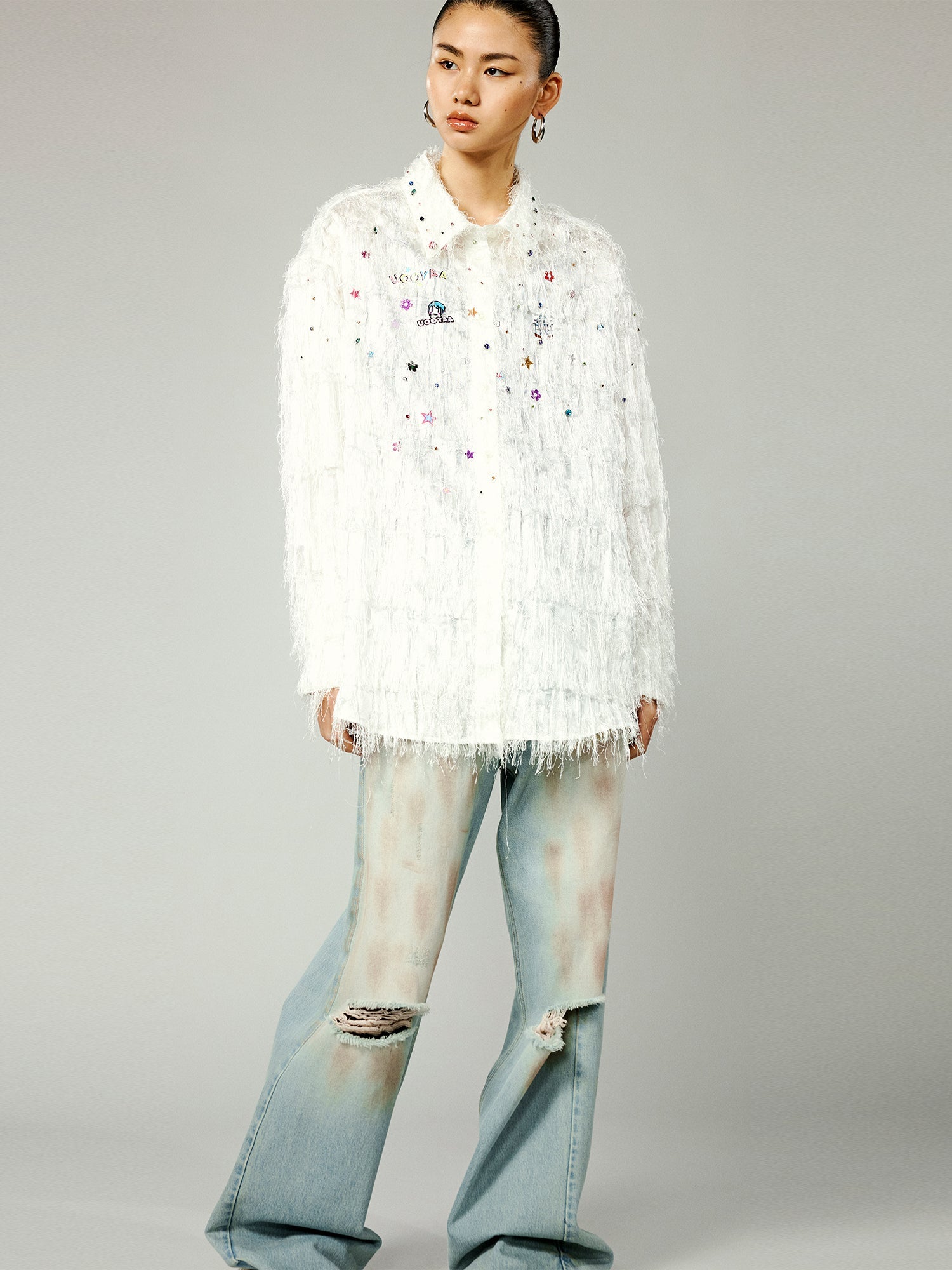 Playful sticker cutout fringe shirt jacket