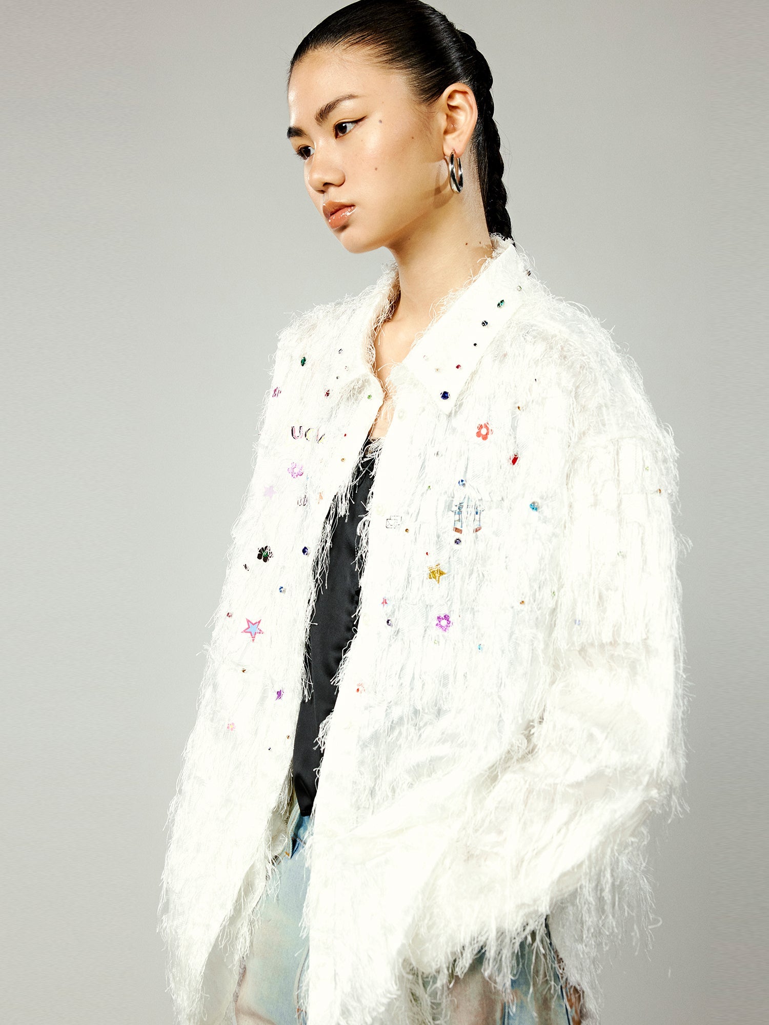 Playful sticker cutout fringe shirt jacket