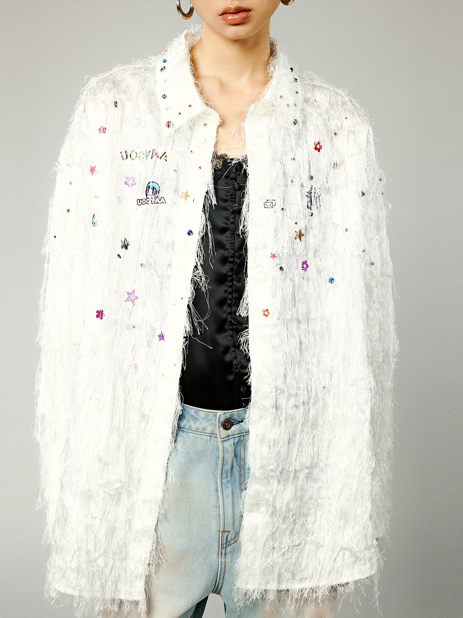 Playful sticker cutout fringe shirt jacket