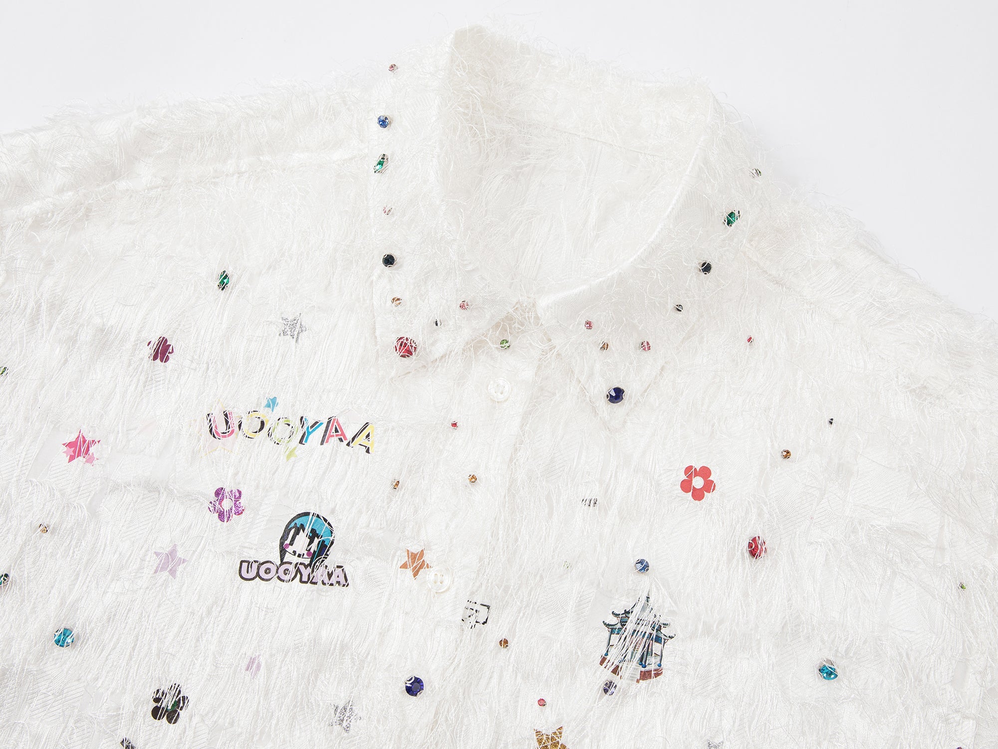 Playful sticker cutout fringe shirt jacket