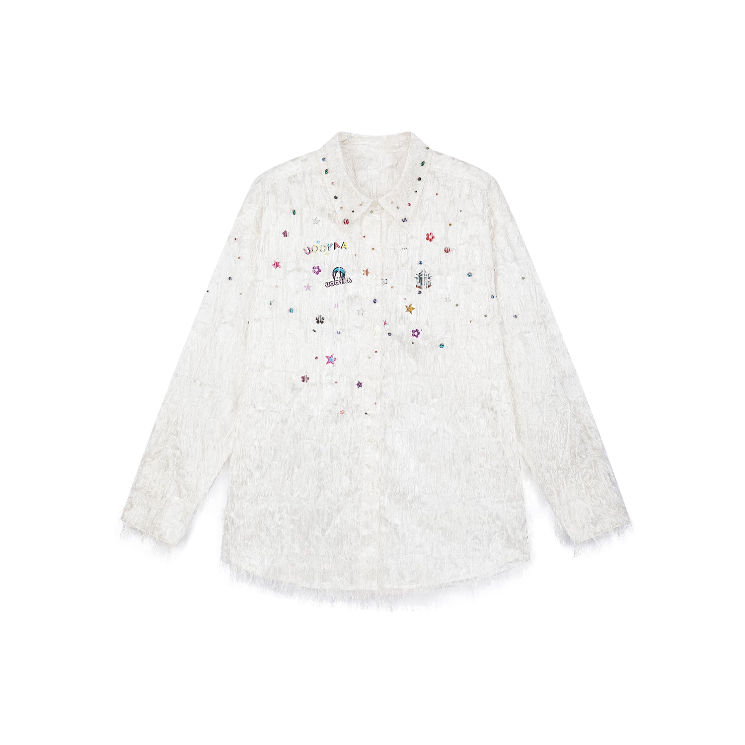 Playful sticker cutout fringe shirt jacket