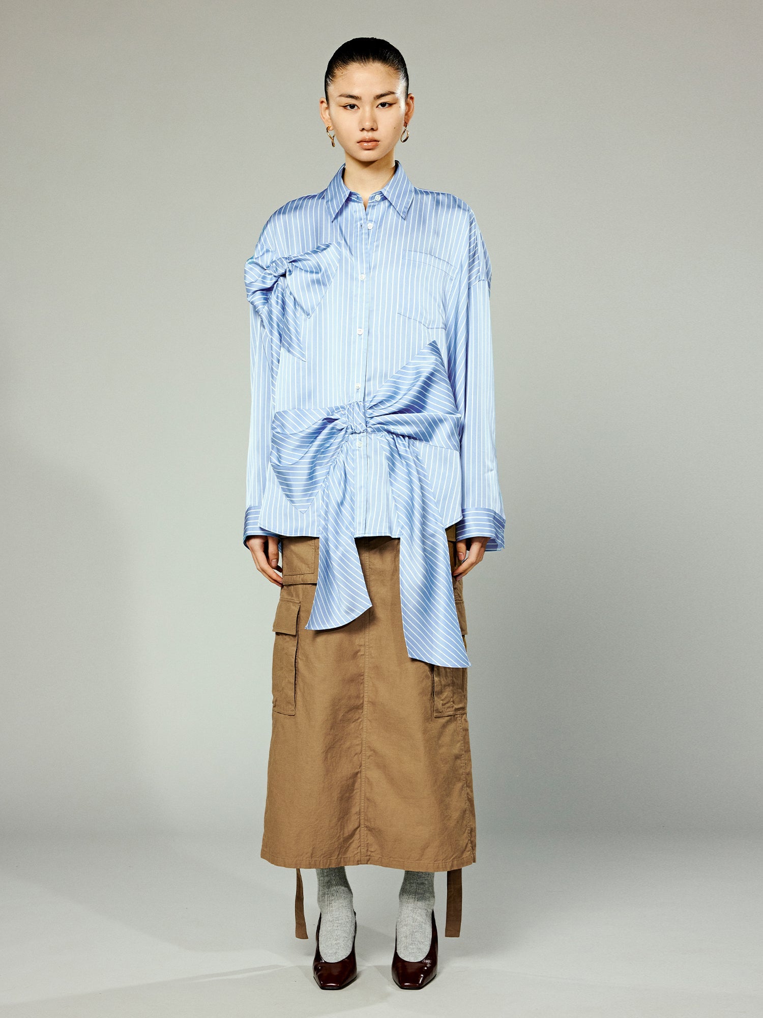 Handcrafted 3D bow pinstripe satin shirt