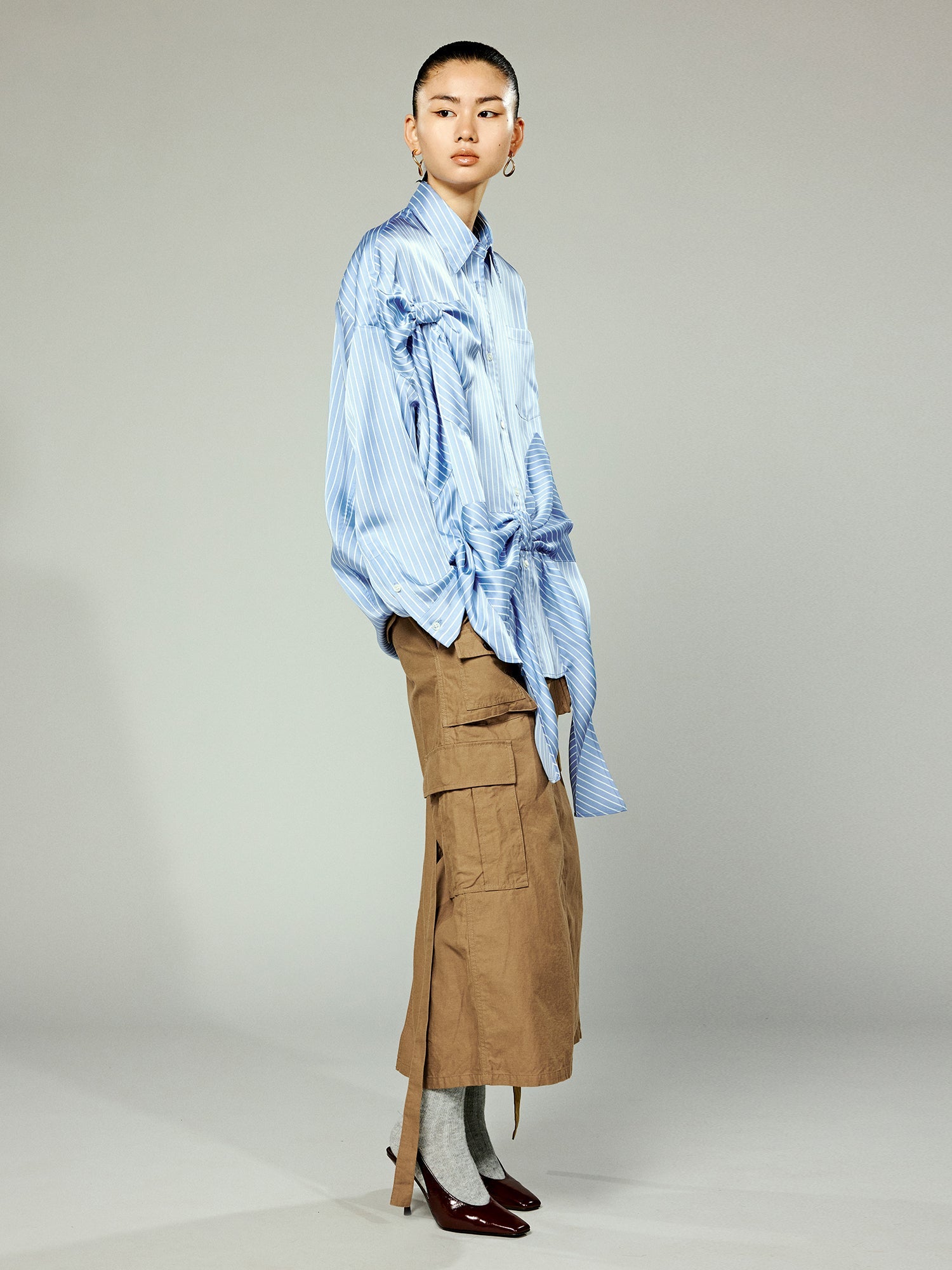 Handcrafted 3D bow pinstripe satin shirt