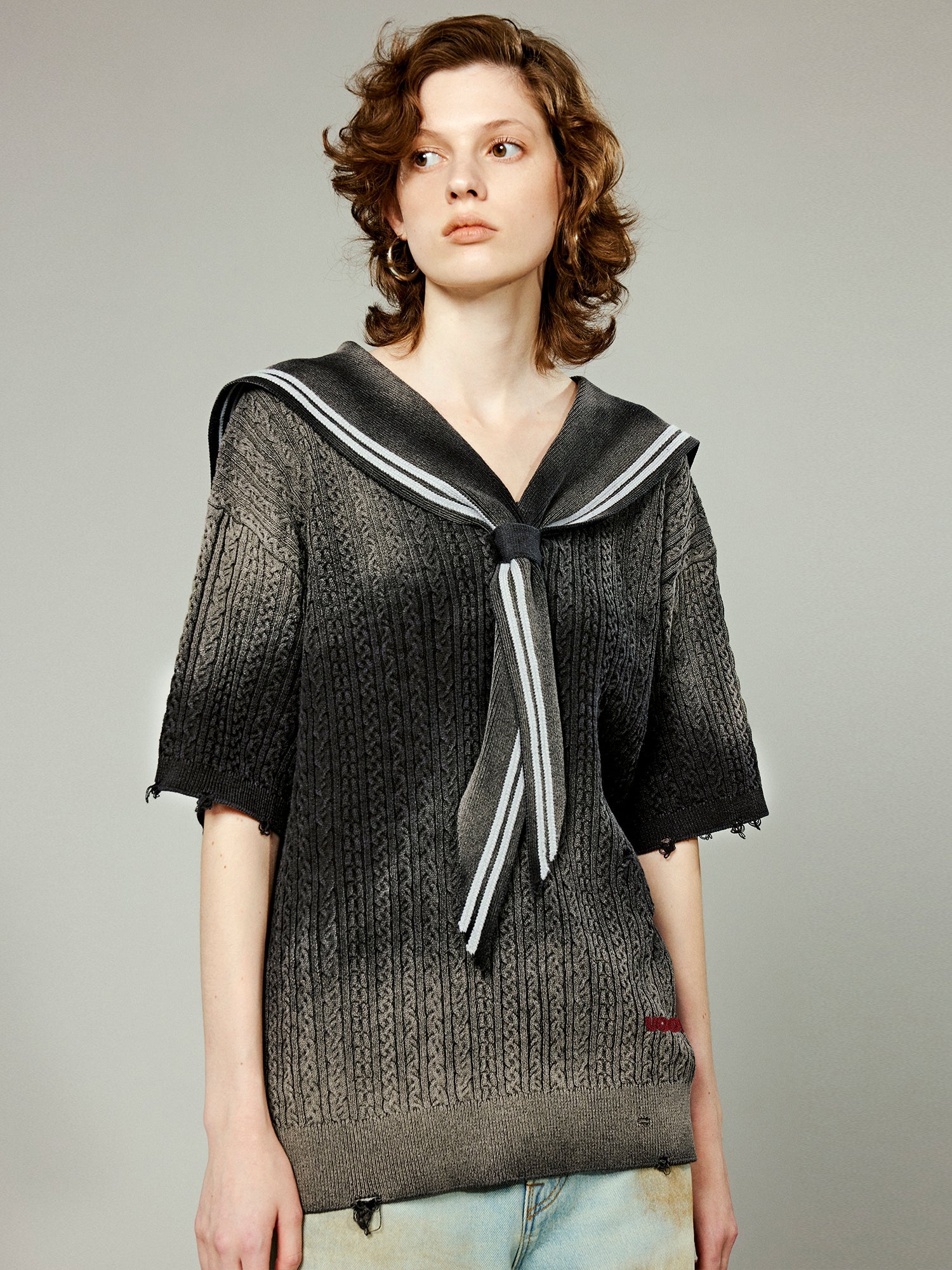 Washed cable knit sailor collar sweater t-shirt