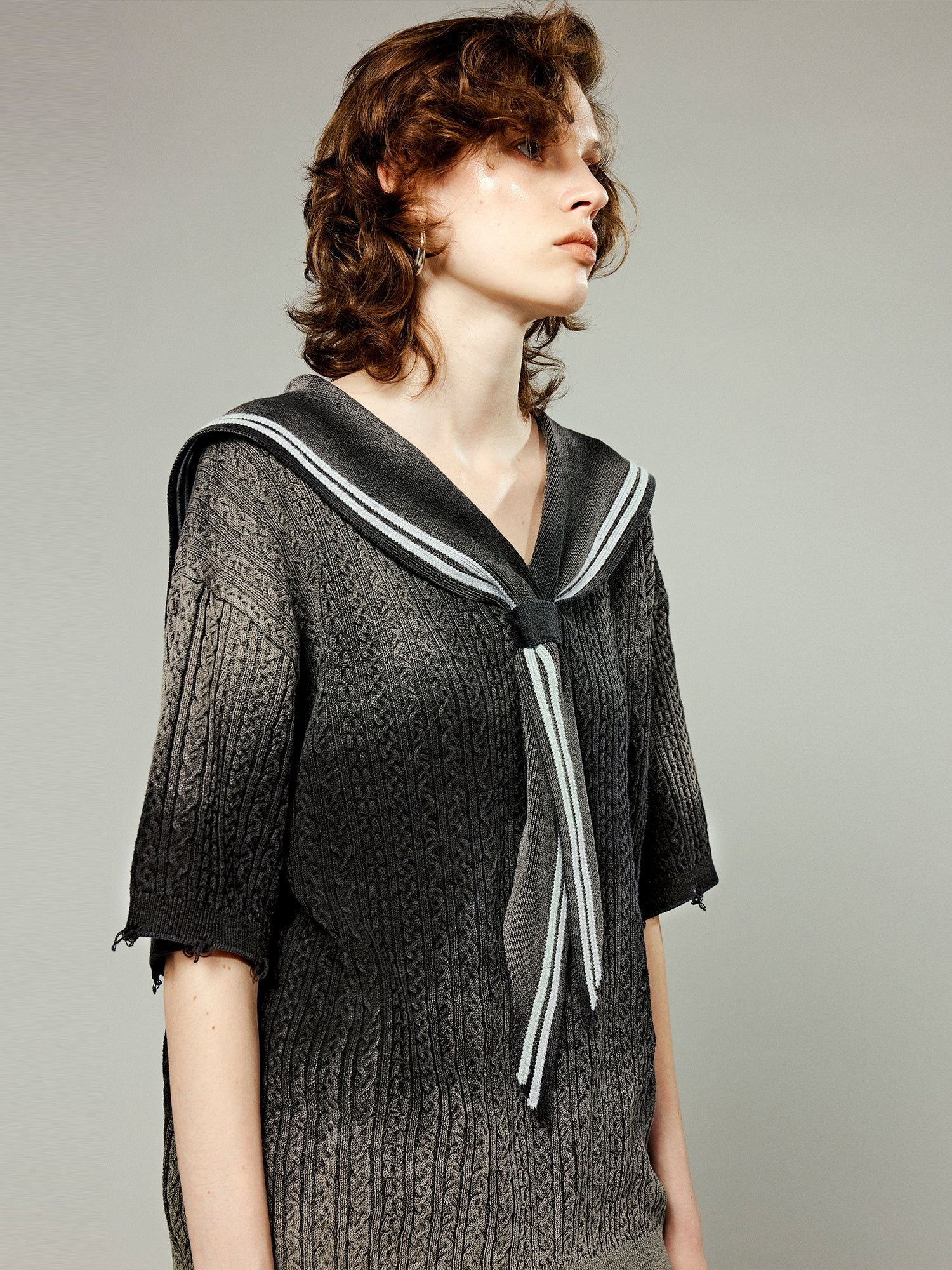 Washed cable knit sailor collar sweater t-shirt