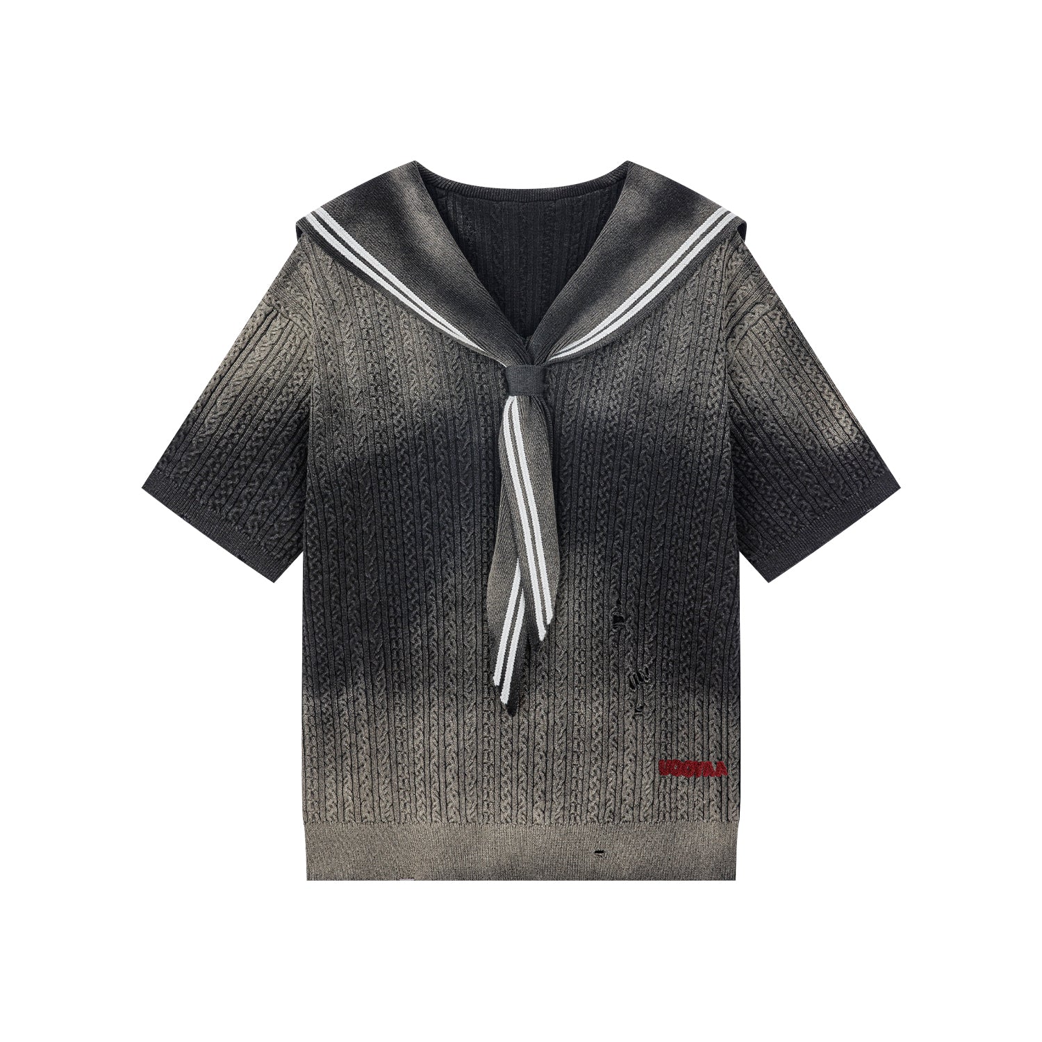 ウォッシュ加工ケーブルニットセーラーカラーセーターTシャツ