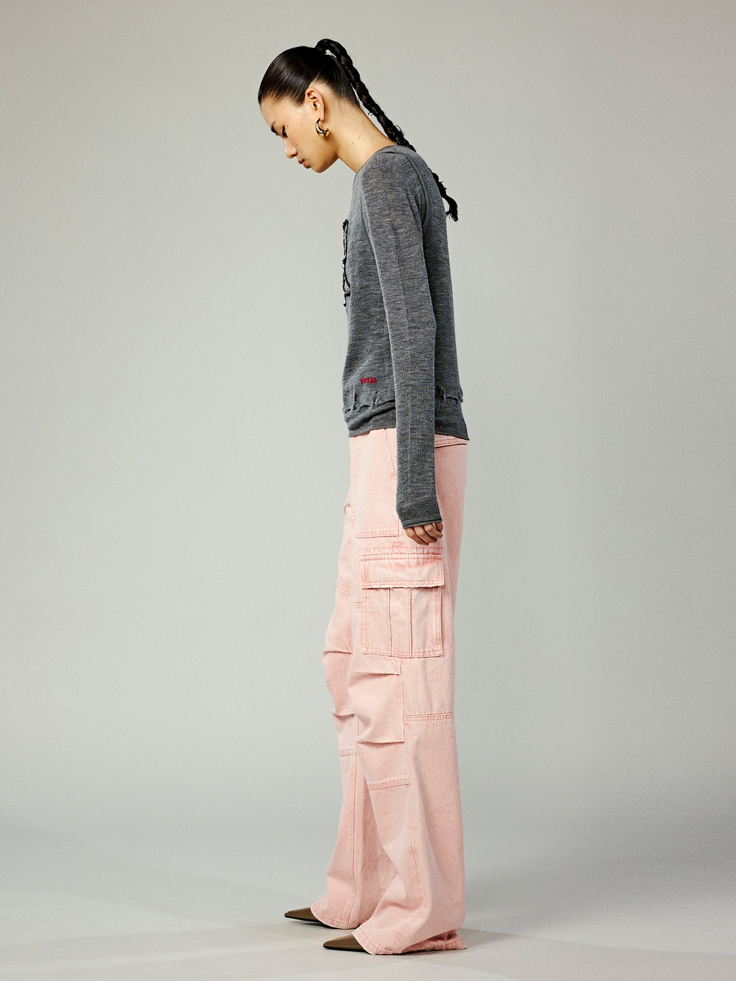 Faux-layered washed pullover sweater with bow detail