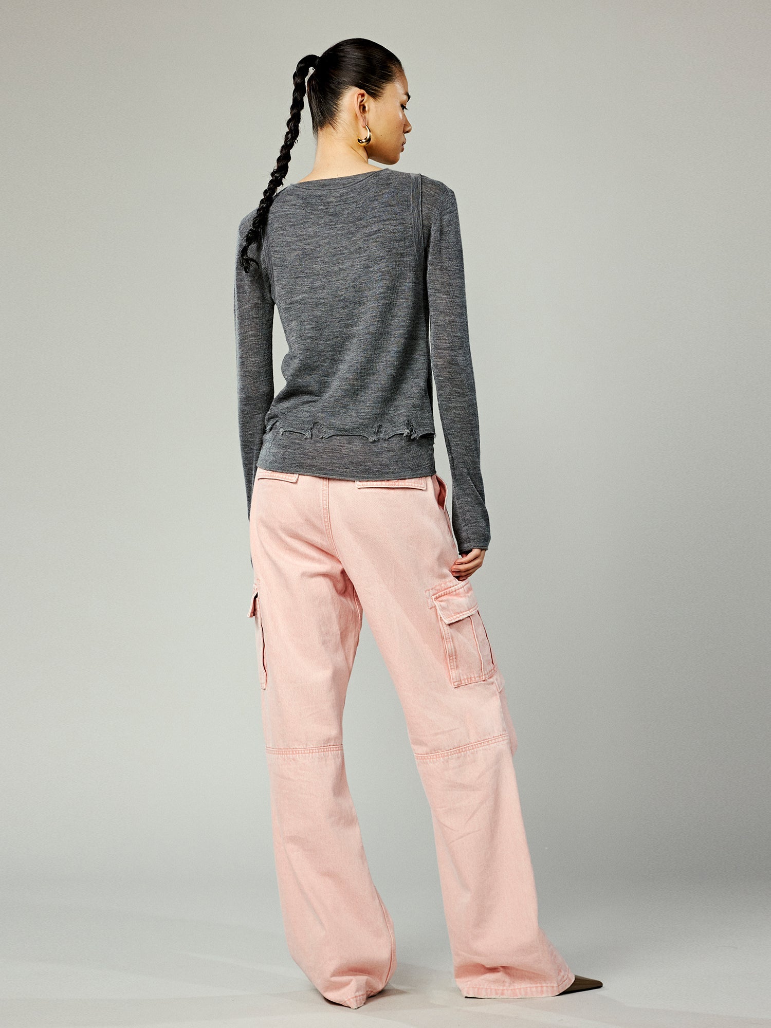 Faux-layered washed pullover sweater with bow detail