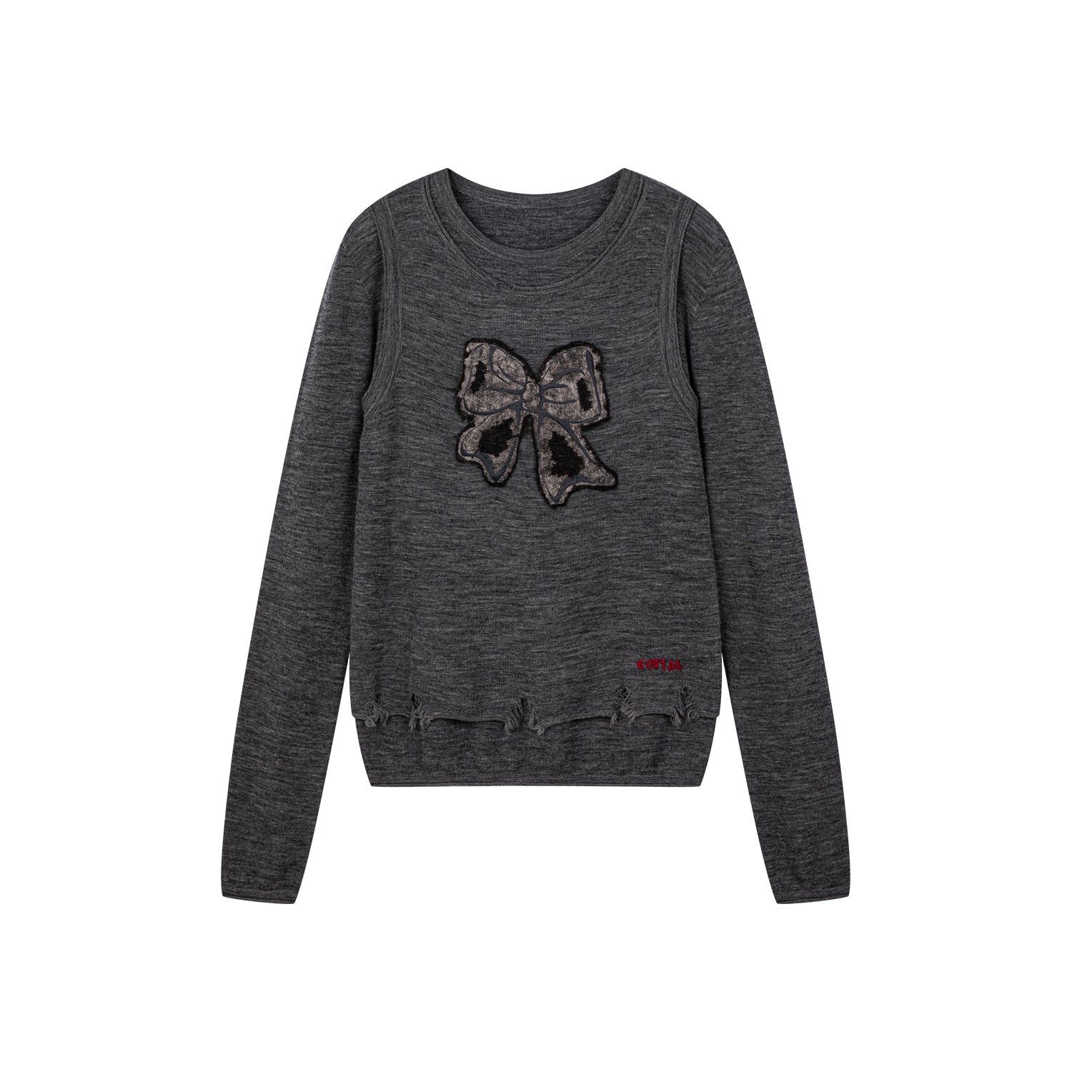 Faux-layered washed pullover sweater with bow detail
