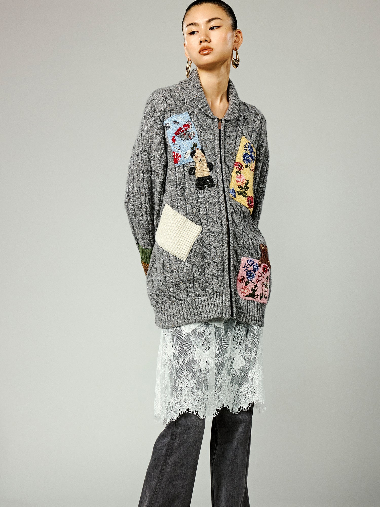 Vintage-inspired patch zip cardigan