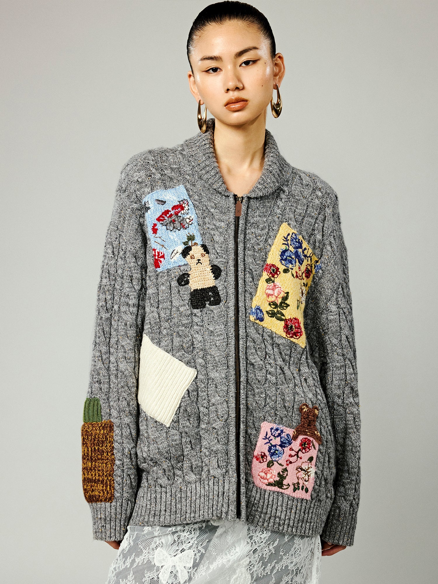 Vintage-inspired patch zip cardigan