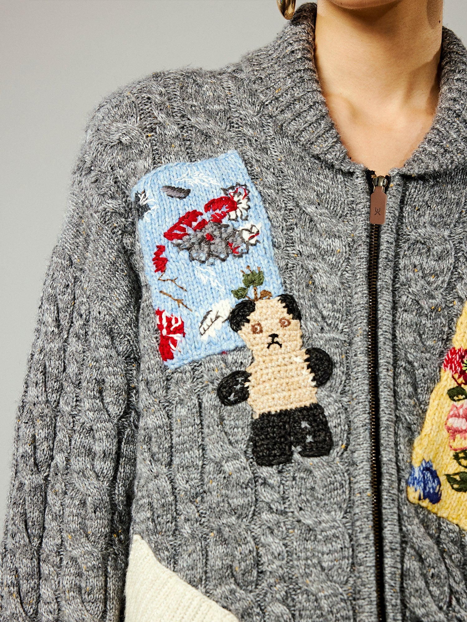 Vintage-inspired patch zip cardigan