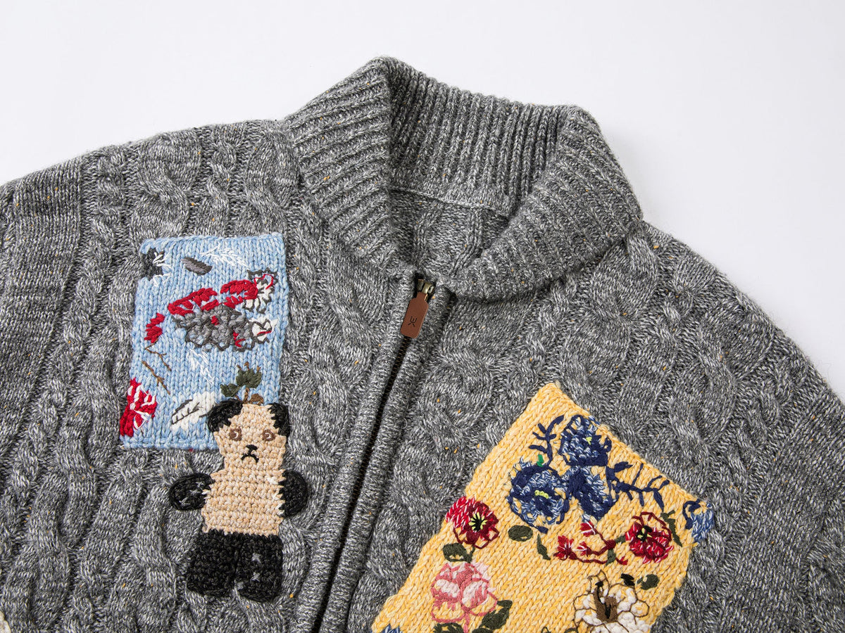 Vintage-inspired patch zip cardigan