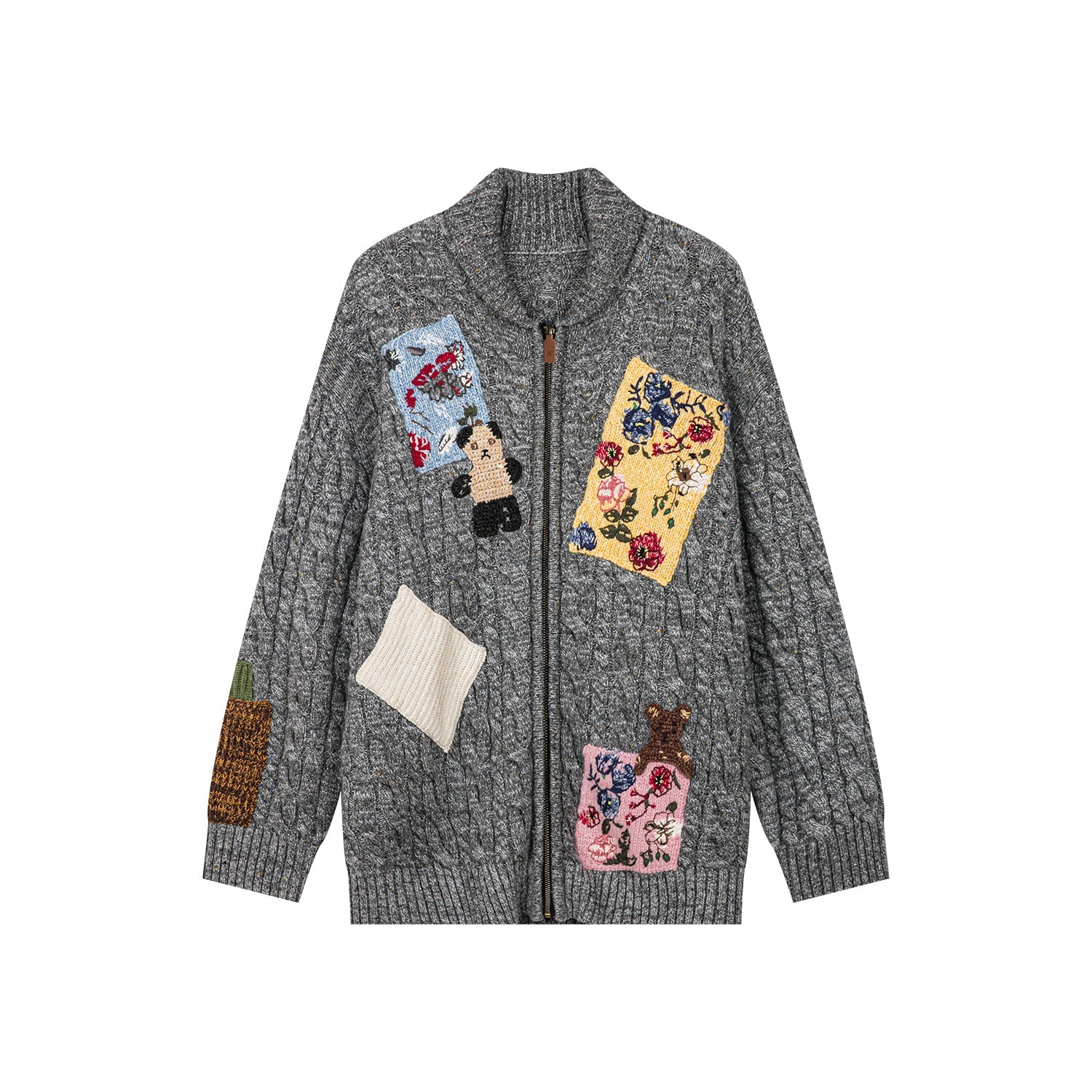 Vintage-inspired patch zip cardigan
