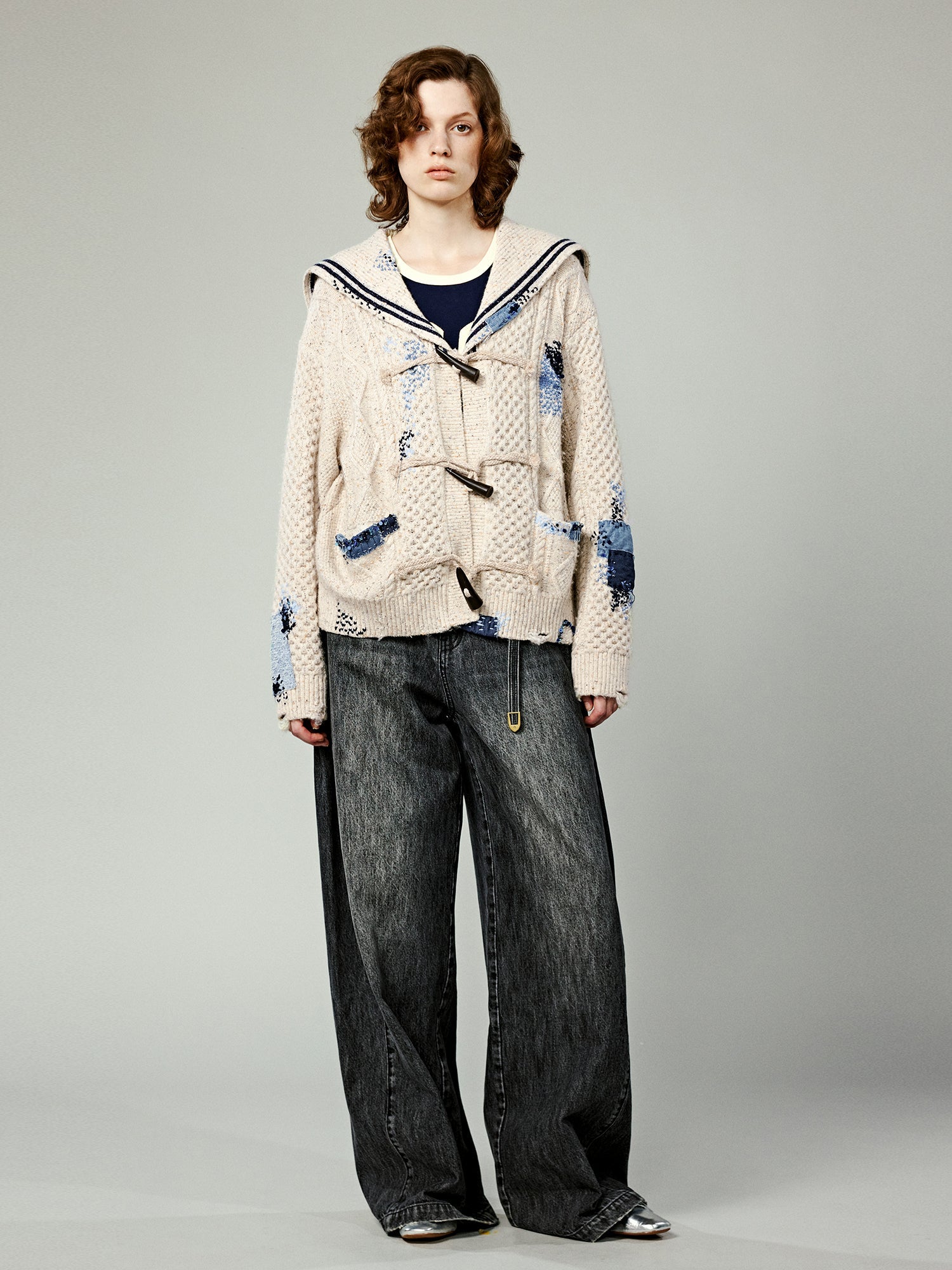 Sailor collar cable knit cardigan