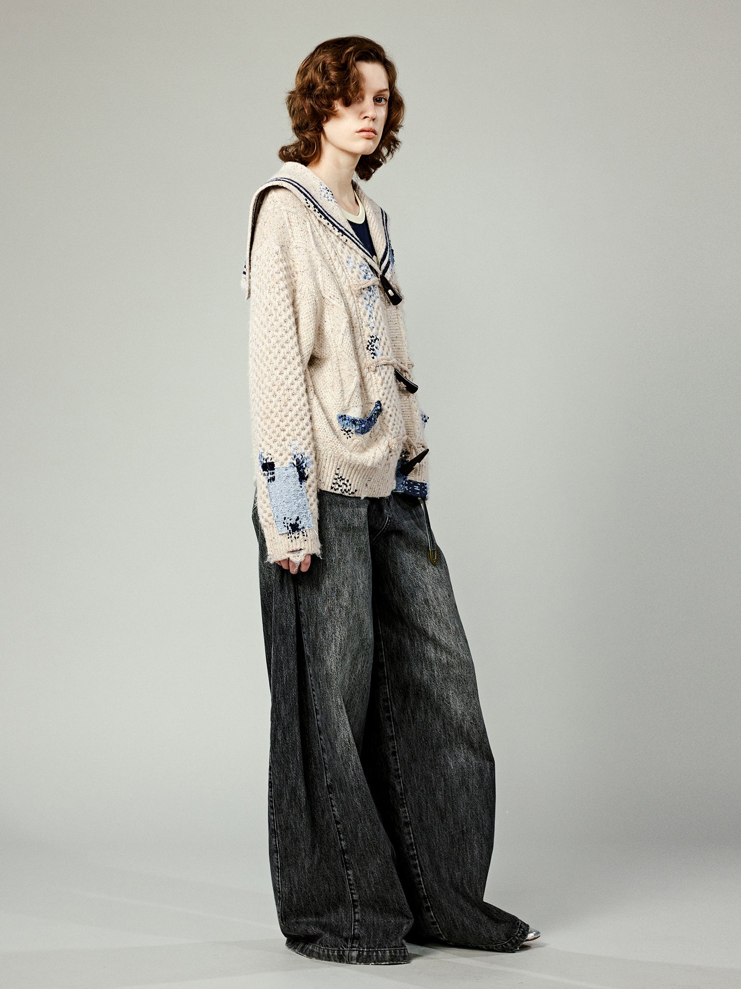 Sailor collar cable knit cardigan